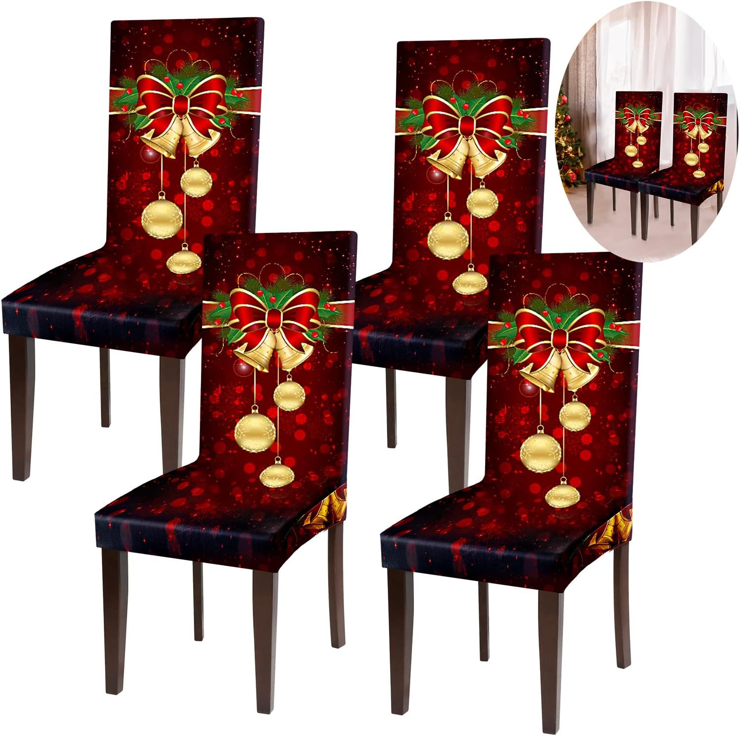 Moukeren Fundas protectoras para sillas de Navidad, elásticas, extraíbles y lavables, para el hogar, hotel, comedor, banquete, boda, fiesta (rojo, 4