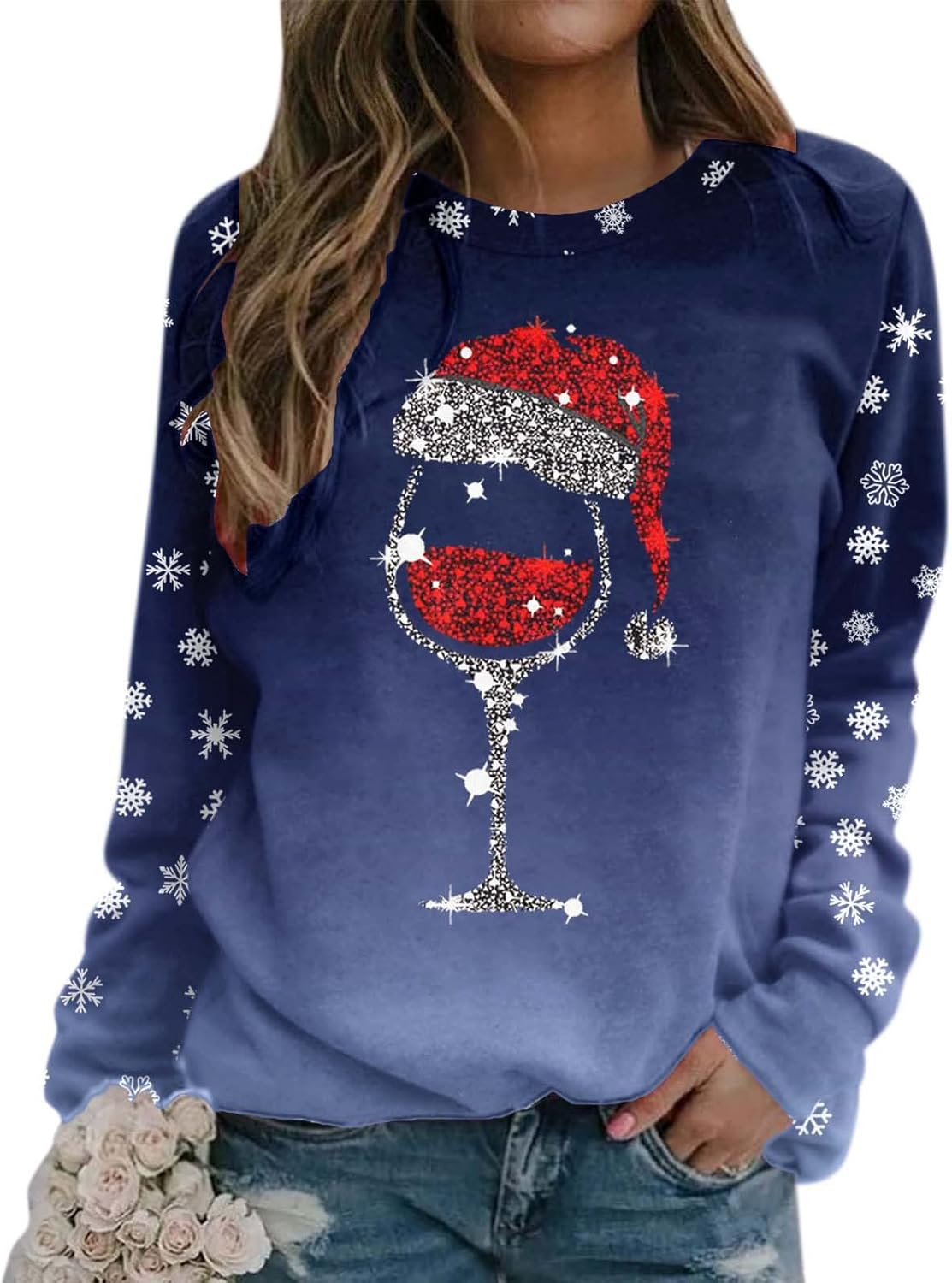 SNKSDGM Sudaderas de manga larga con gráficos navideños para mujer, cuello redondo, holgados, camisetas