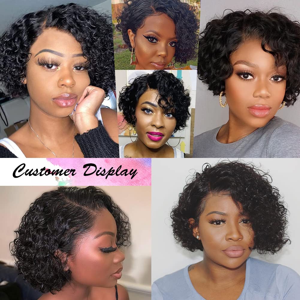 quickwig Pelucas de cabello humano, peluca corta rizada estilo Bob con encaje sin pegamento, pelucas de onda natural afroamericana para mujeres