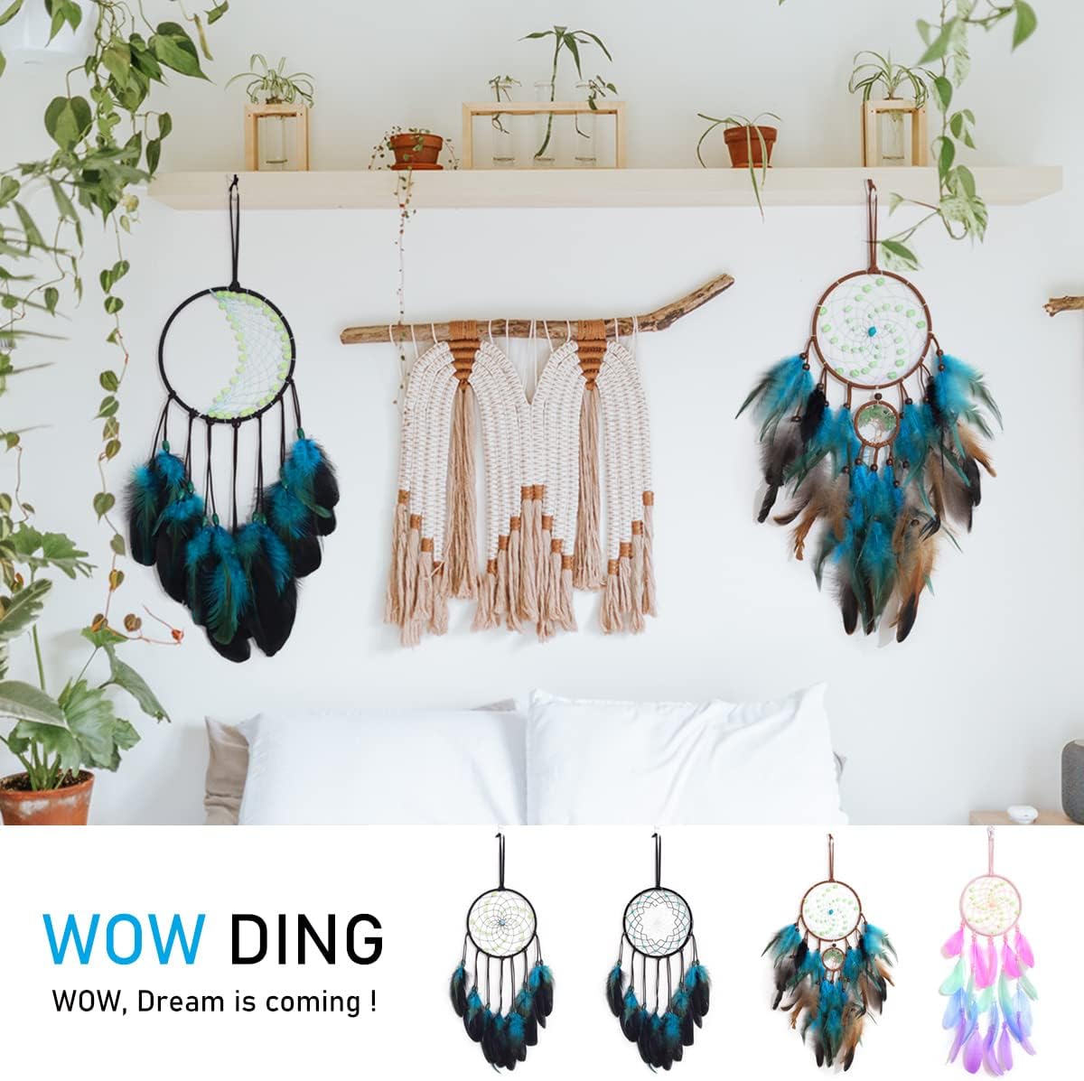 Atrapasueños con cuentas luminosas, atrapasueños azul hecho a mano, decoración de dormitorio para niños y niñas, adorno para regalo de manualidades