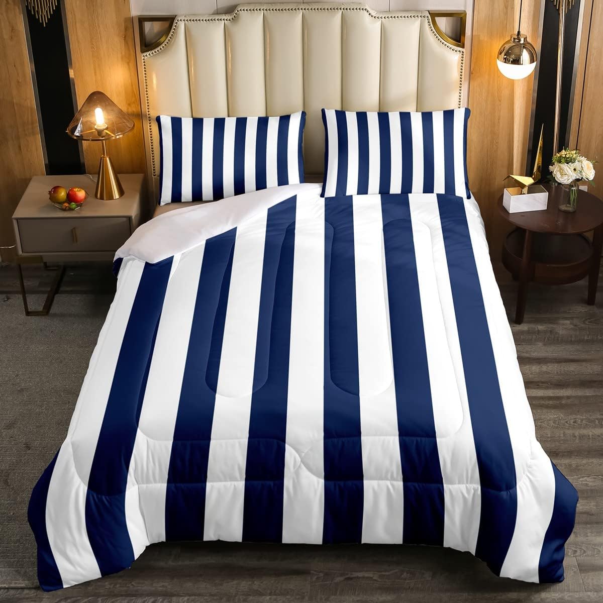 Juego de ropa de cama a rayas azules y blancas para niños, tamaño individual, color azul marino, juego de edredón de rayas verticales azul marino,