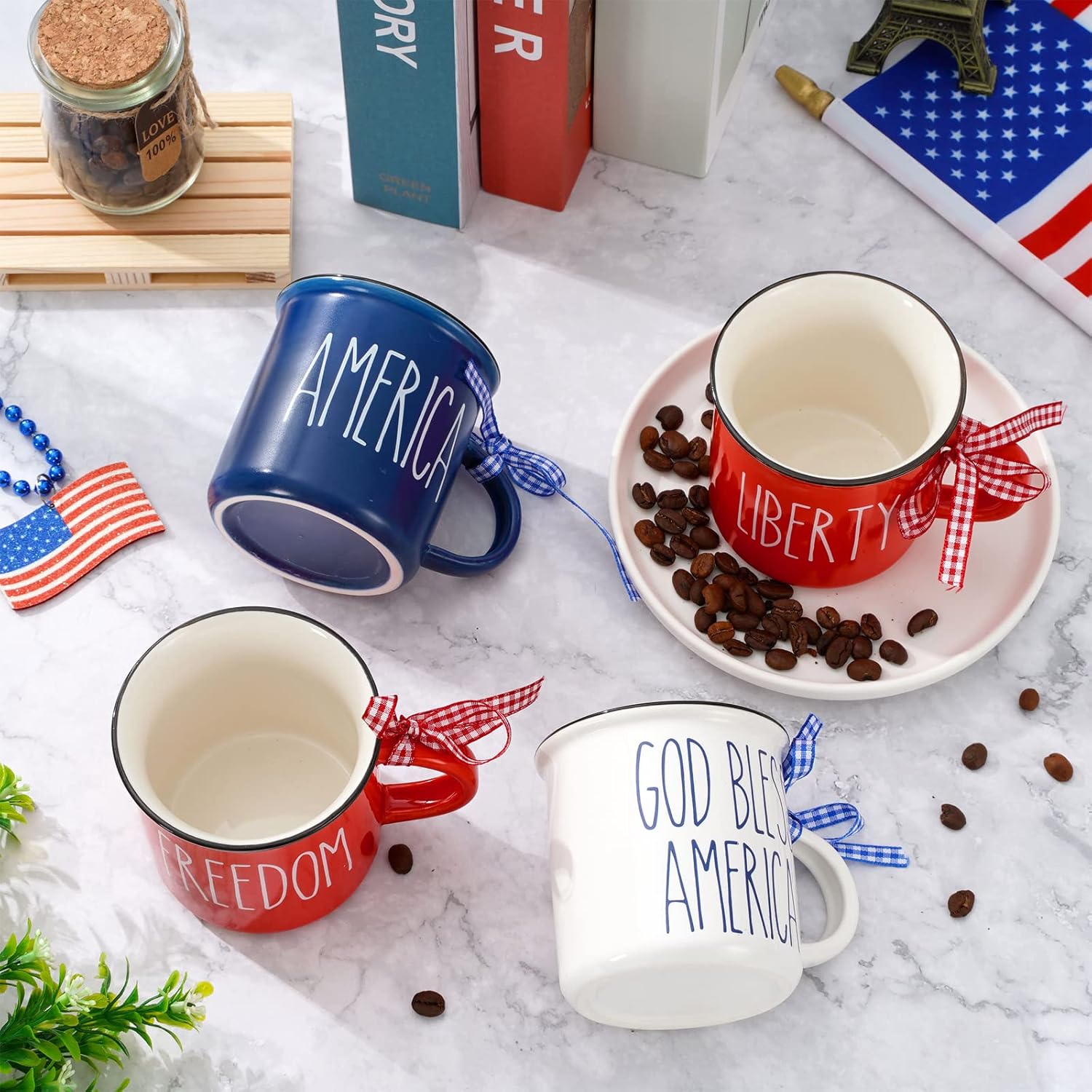 Whaline 6 mini tazas de café patrióticas con cinta a cuadros, rojo, azul, blanco, mini tazas para beber God Bless America, bandeja patriótica con