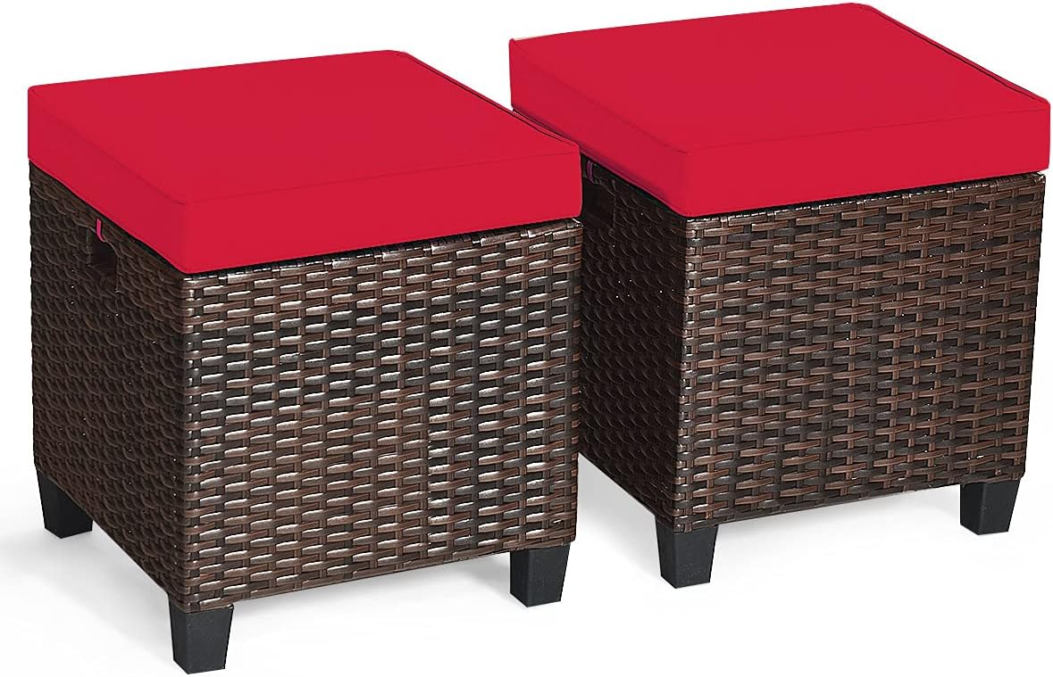 HAPPYGRILL Juego de 2 piezas otomanas de mimbre de ratán para exteriores, con cojines extraíbles, muebles de patio, reposapiés, asiento para