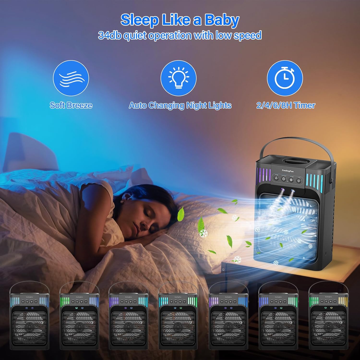 Aire acondicionado portátil, ventilador de refrigeración de 40.6 fl oz con control remoto, 3 velocidades de viento y 7 luces LED, 3 niebla fría y
