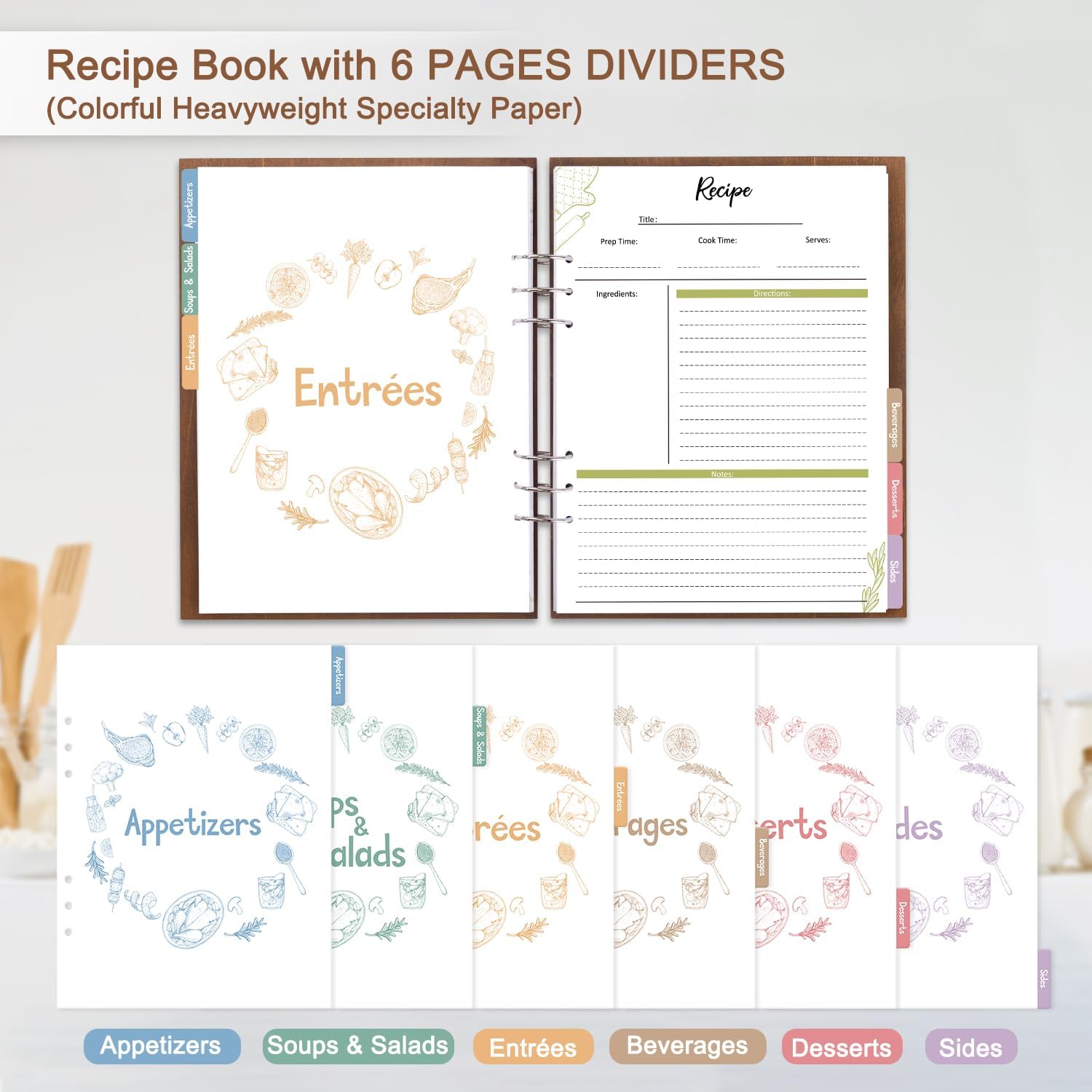 Creawoo Libro de recetas de madera para escribir en tus propias recetas, carpeta de recetas en blanco personalizada, libro de cocina, recetas