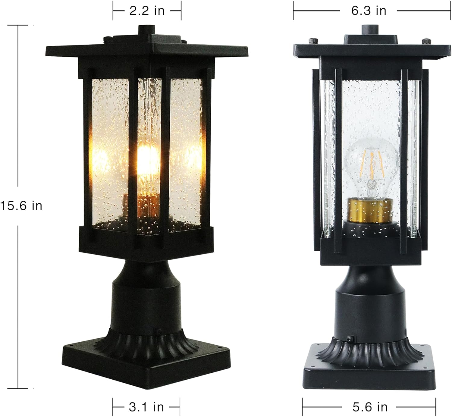 MONKFISH 2516-1G – Luz cuadrada negra para exteriores con base, pantalla de cristal de burbujas, ideal para terrazas, patios, jardines, pasillos