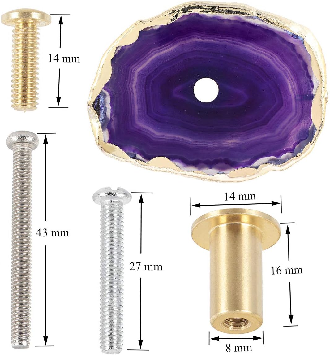 Rockcloud Pomos de ágata morada para cajón, tiradores para armario de aparador, rebanada teñida con pomos de borde chapados en oro para decoración