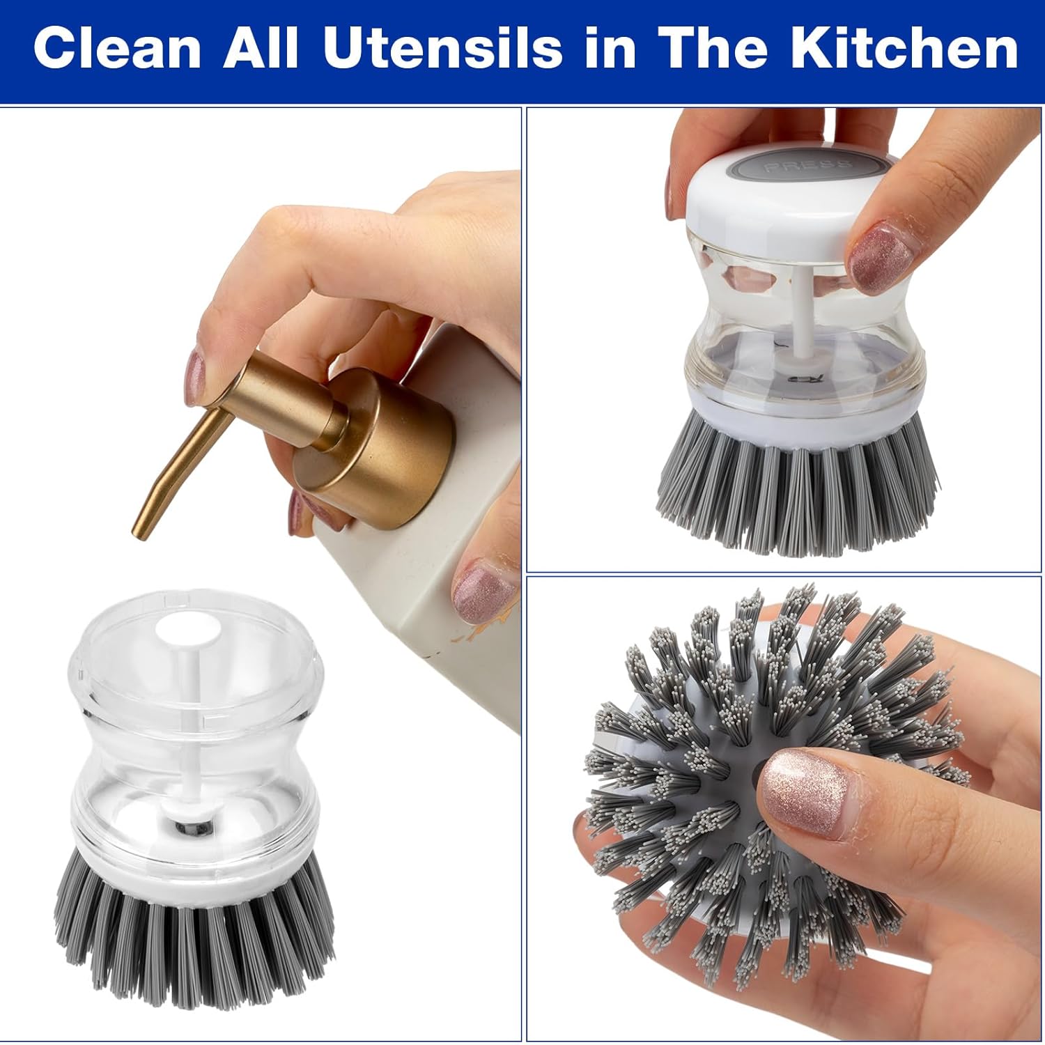 Maxcheck 4 cepillos de platos con dispensador de jabón, cepillo para fregar platos para platos, olla, sartén, fregadero de cocina, lavado (gris)