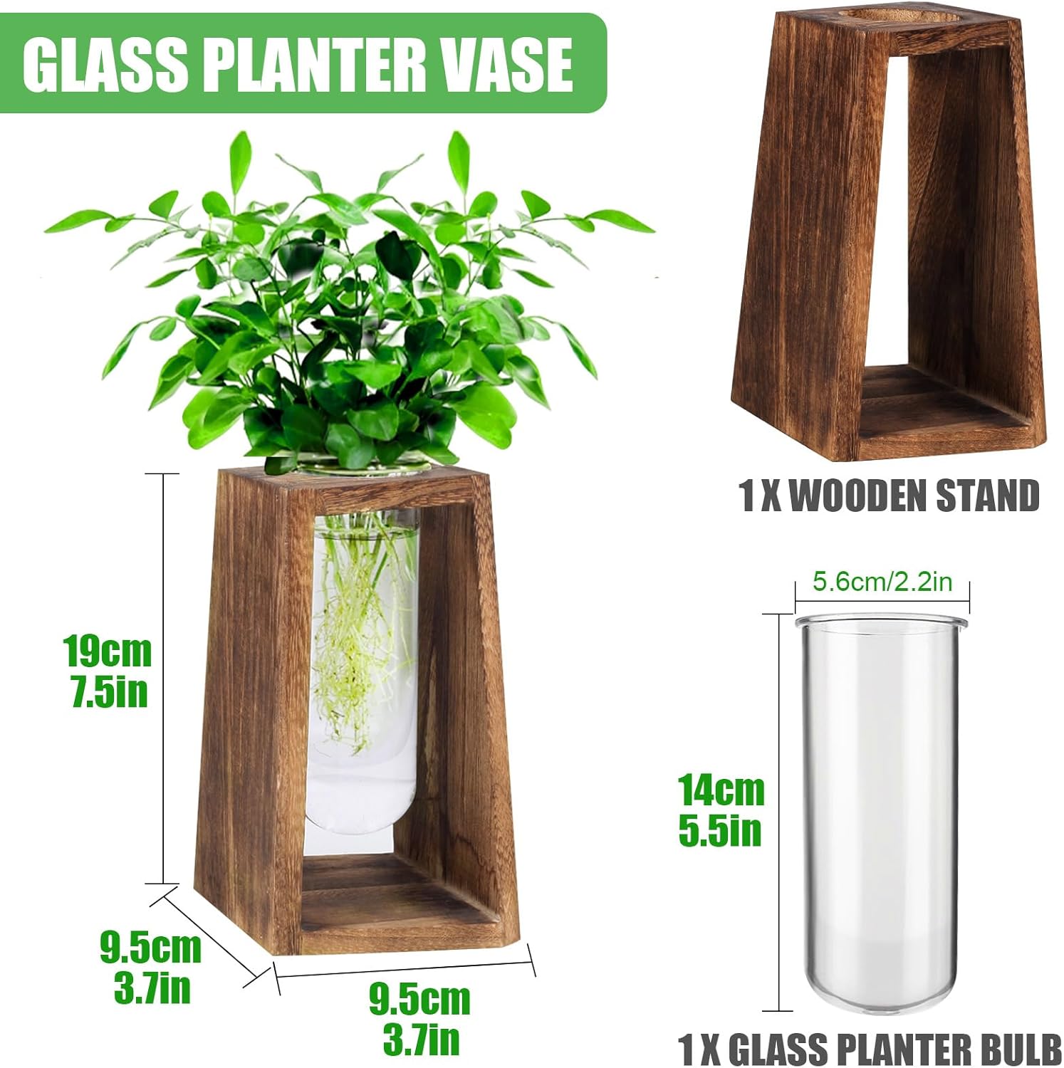 Jarrón de tubo de ensayo de vidrio transparente para terrario de plantas, con soporte de madera maciza retro de rombo, estación de propagación de