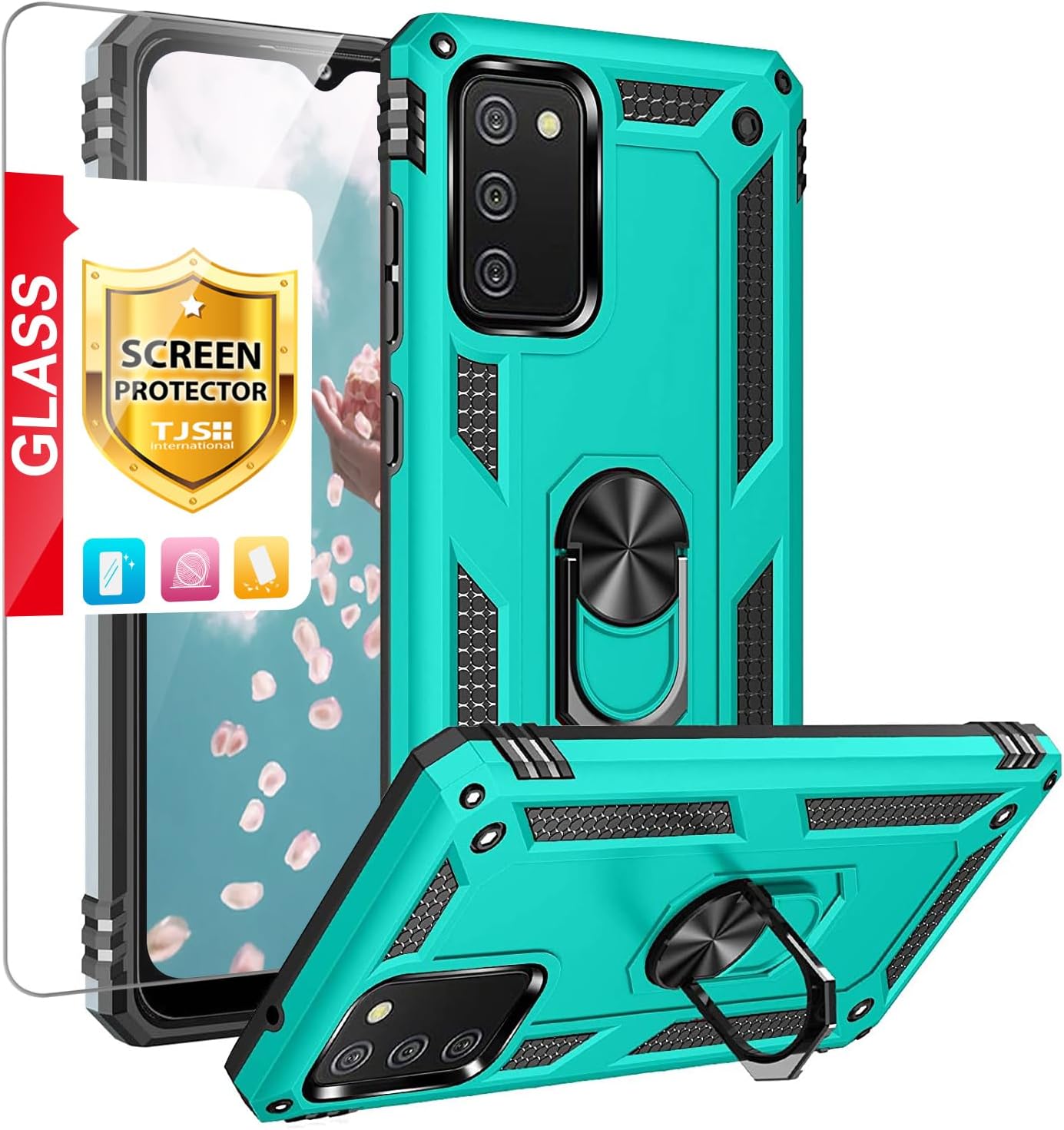 TJS Funda compatible con Samsung Galaxy A03S, con protector de pantalla de vidrio templado, soporte magnético con soporte magnético resistente