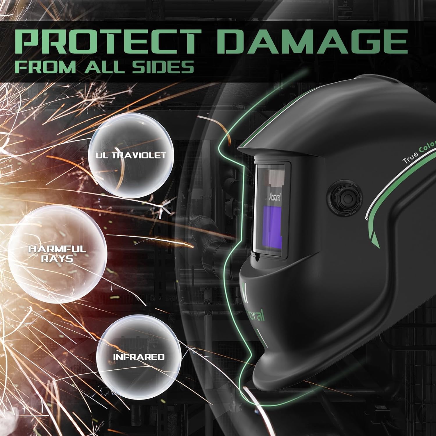 1111 Casco de soldadura con oscurecimiento automático de visión grande, color verdadero, campana de soldadura con energía solar, pantalla ancha