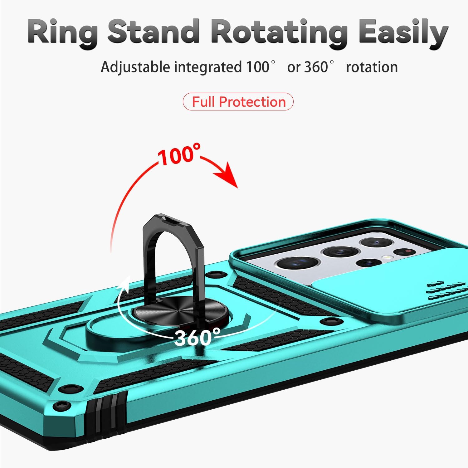 Funda para Samsung Galaxy S21 Ultra con cubierta para lente de cámara, protector de pantalla HD, soporte de anillo magnético probado contra caídas