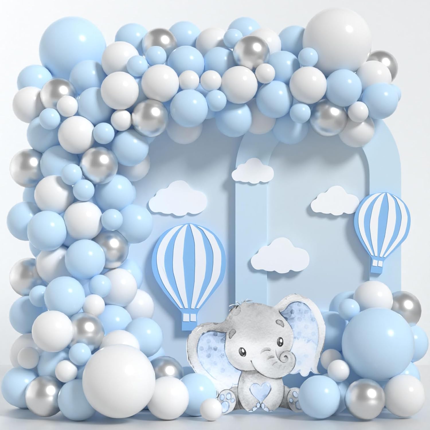 Kit de arco de globos azules y blancos para bebé, kit de guirnalda de globos azules, globos blancos y plateados para cumpleaños, despedida de