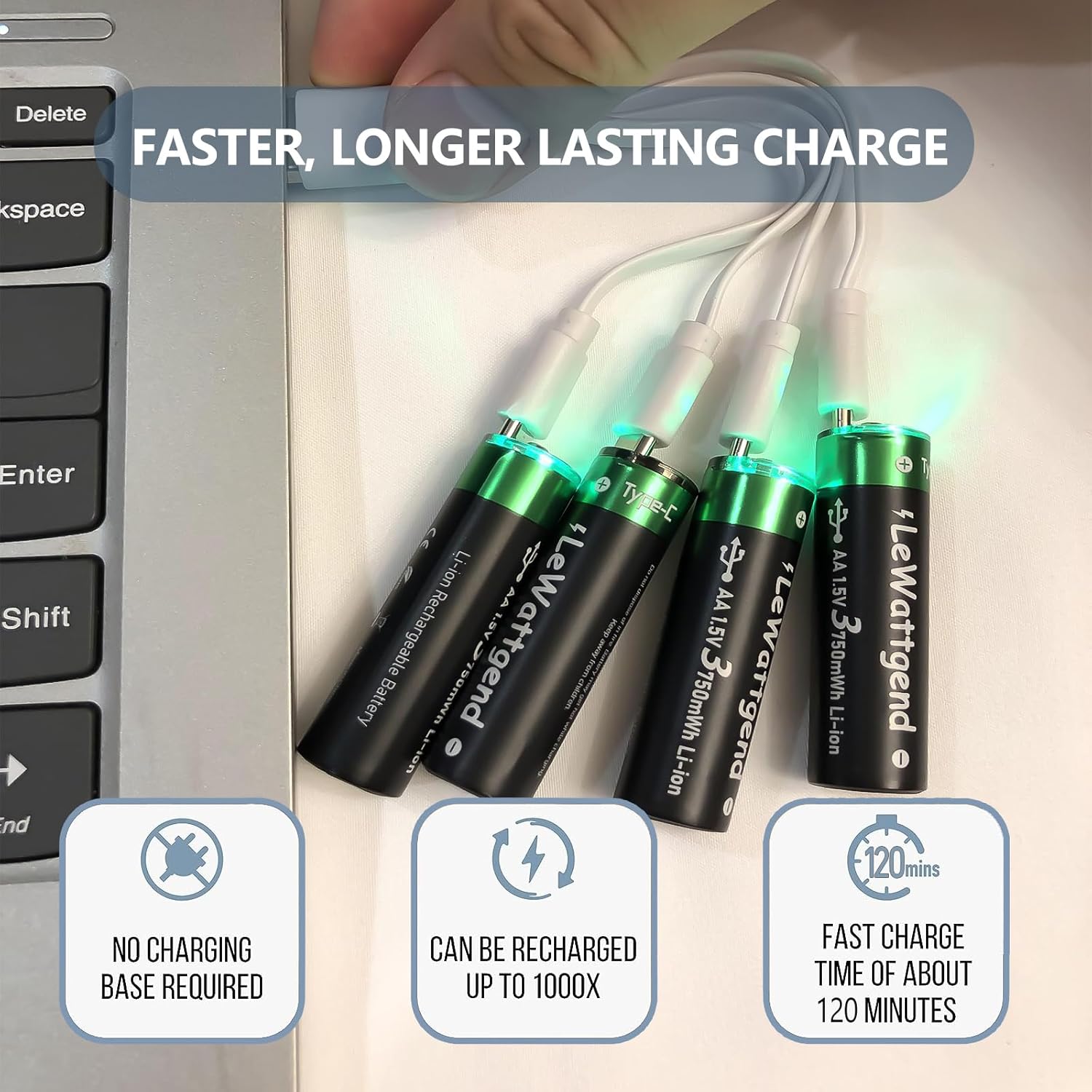 Baterías de litio AA recargables de 1.5 V, batería AA de larga duración de 3750 mWh con salida de cable USB-C 4 en 1, baterías AA para juguetes de