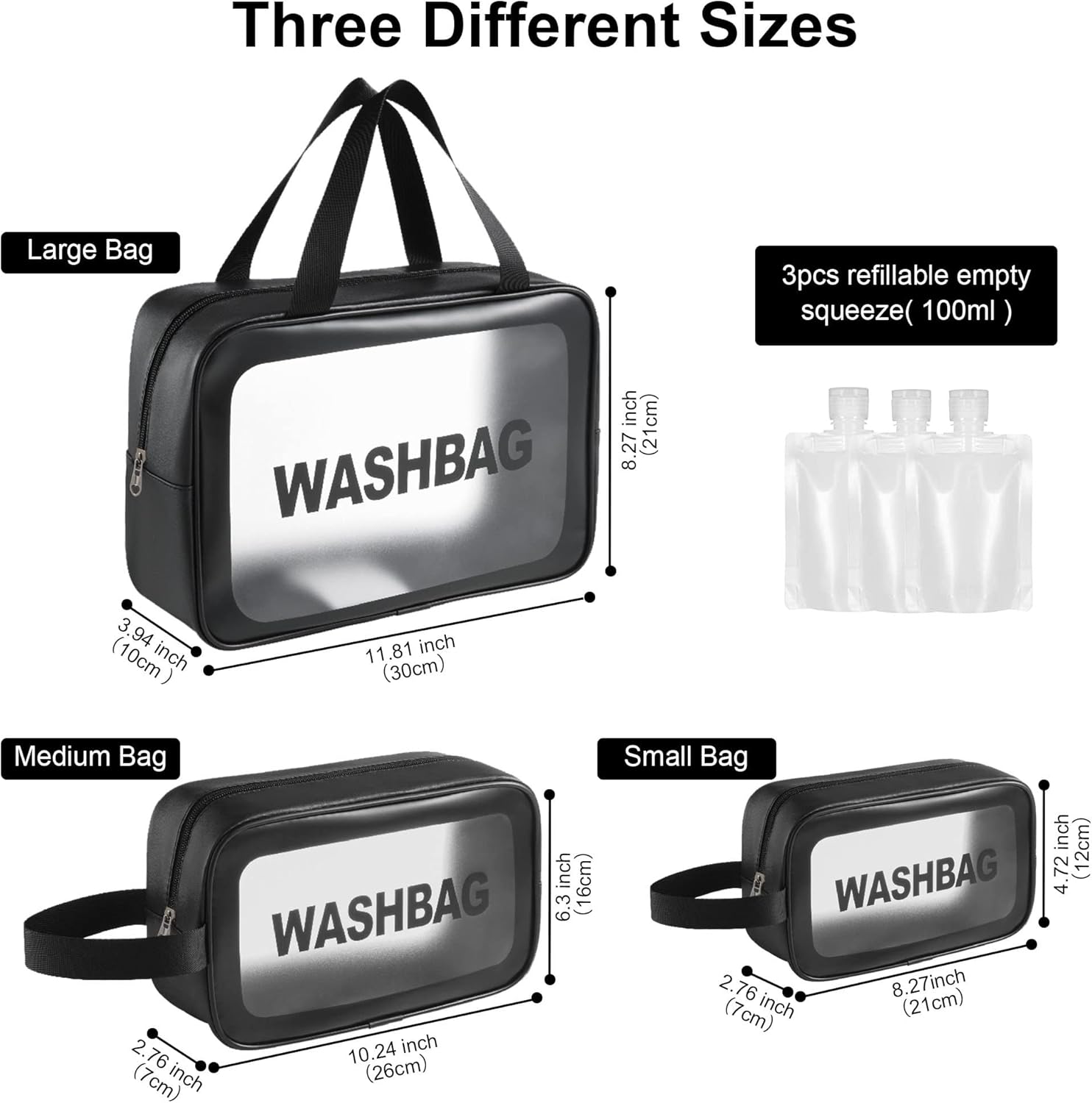 Bolsas de cosméticos, 3 piezas-negro, Transparente
