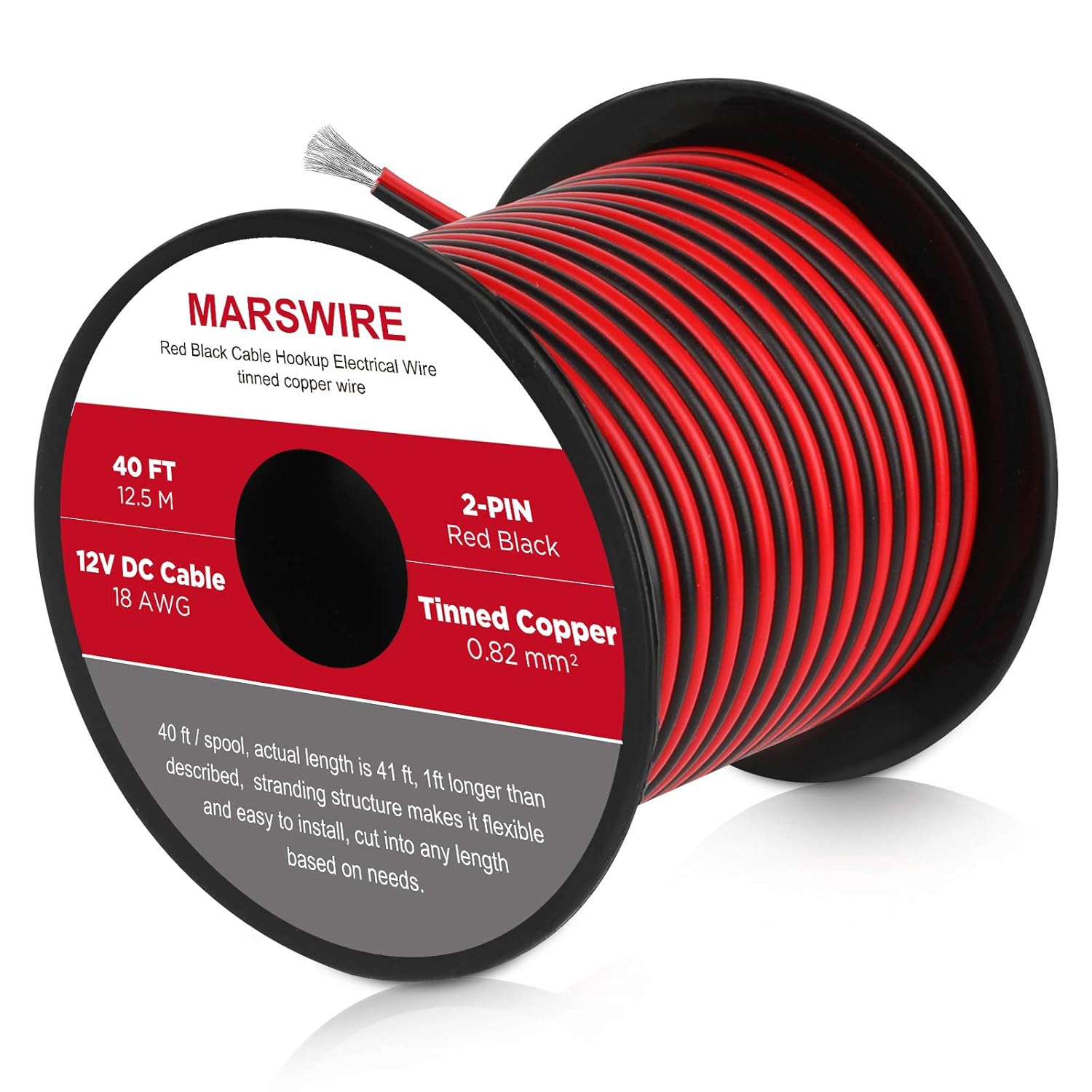 MARSWIRE Cable eléctrico de calibre 18 AWG de 2 pines, cable de luz LED de CC de 12 V, cable de cobre de conexión automática, con carrete para