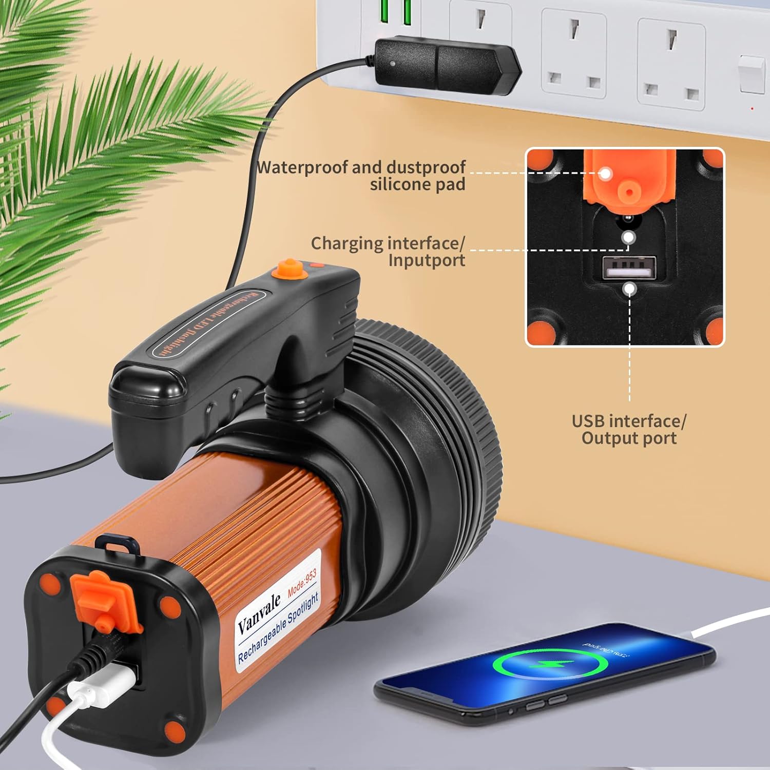 Vanvale Linterna táctica LED recargable de mano con foco de manija, 6000 lúmenes, linterna súper brillante de alta potencia con salida USB (dorado)