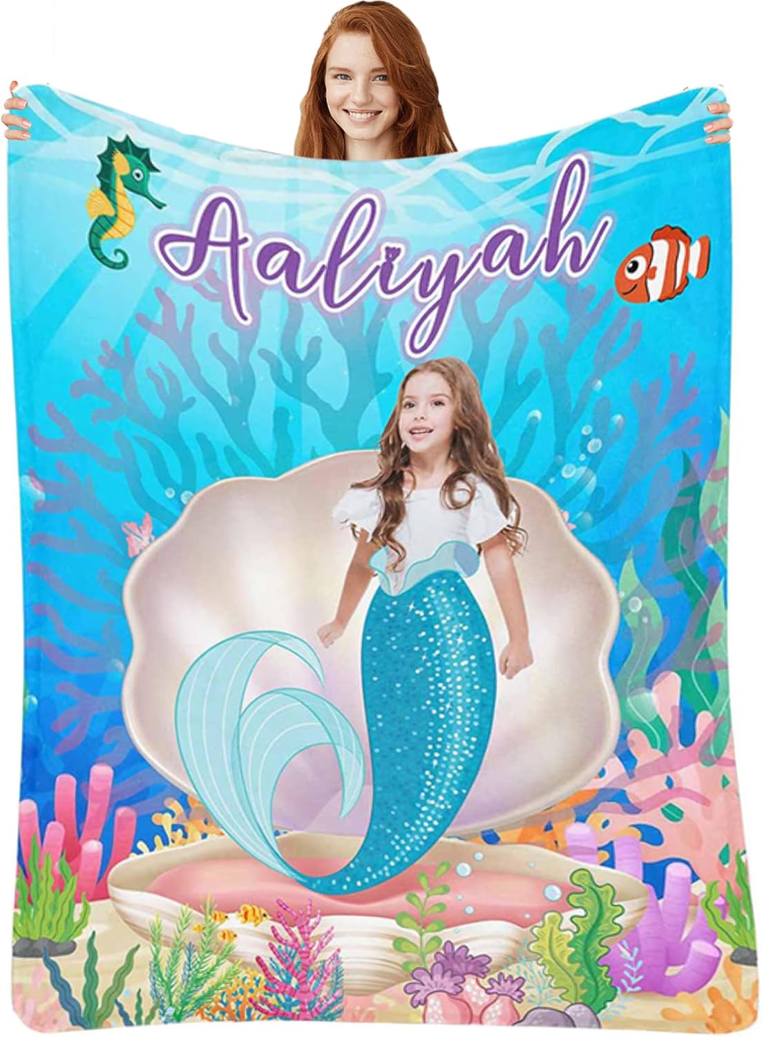 Artsadd Manta personalizada con nombre para niños, manta de foto personalizada, regalos de sirena para niñas, manta personalizada de sirena para
