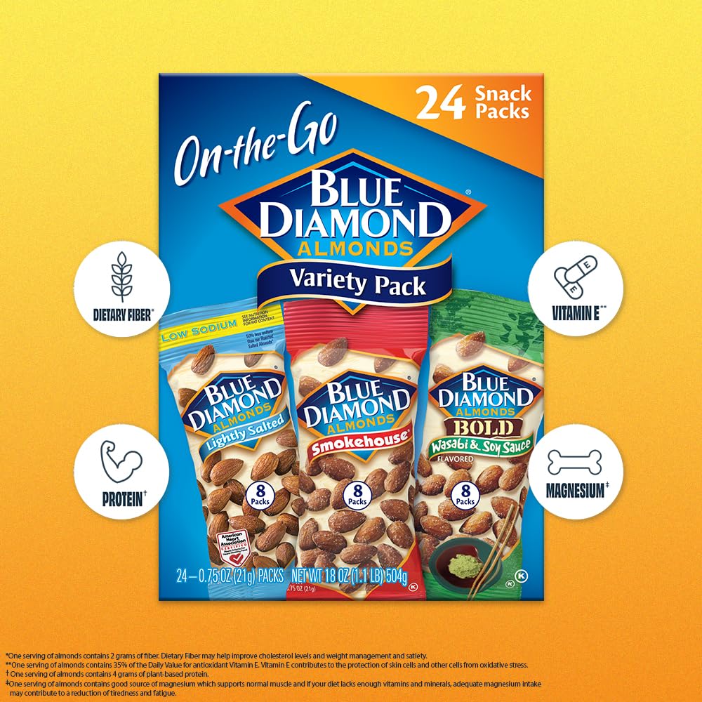 Blue Diamond Almonds Paquete variado de nueces para niños, oficina, escuela, sobre la marcha, paquetes individuales de 0.75 onzas sin gluten, wasabi