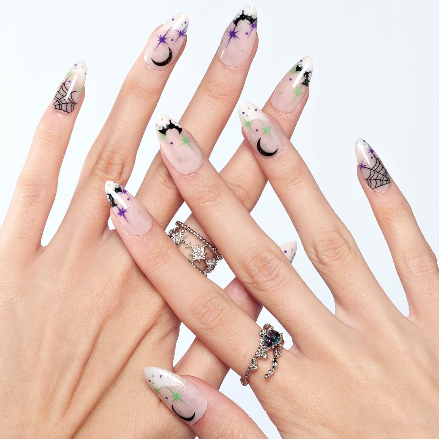 GLAMERMAID Uñas postizas a presión de almendra, uñas postizas de gel con diseño gótico, 24 uñas adhesivas, uñas acrílicas reutilizables, juego de