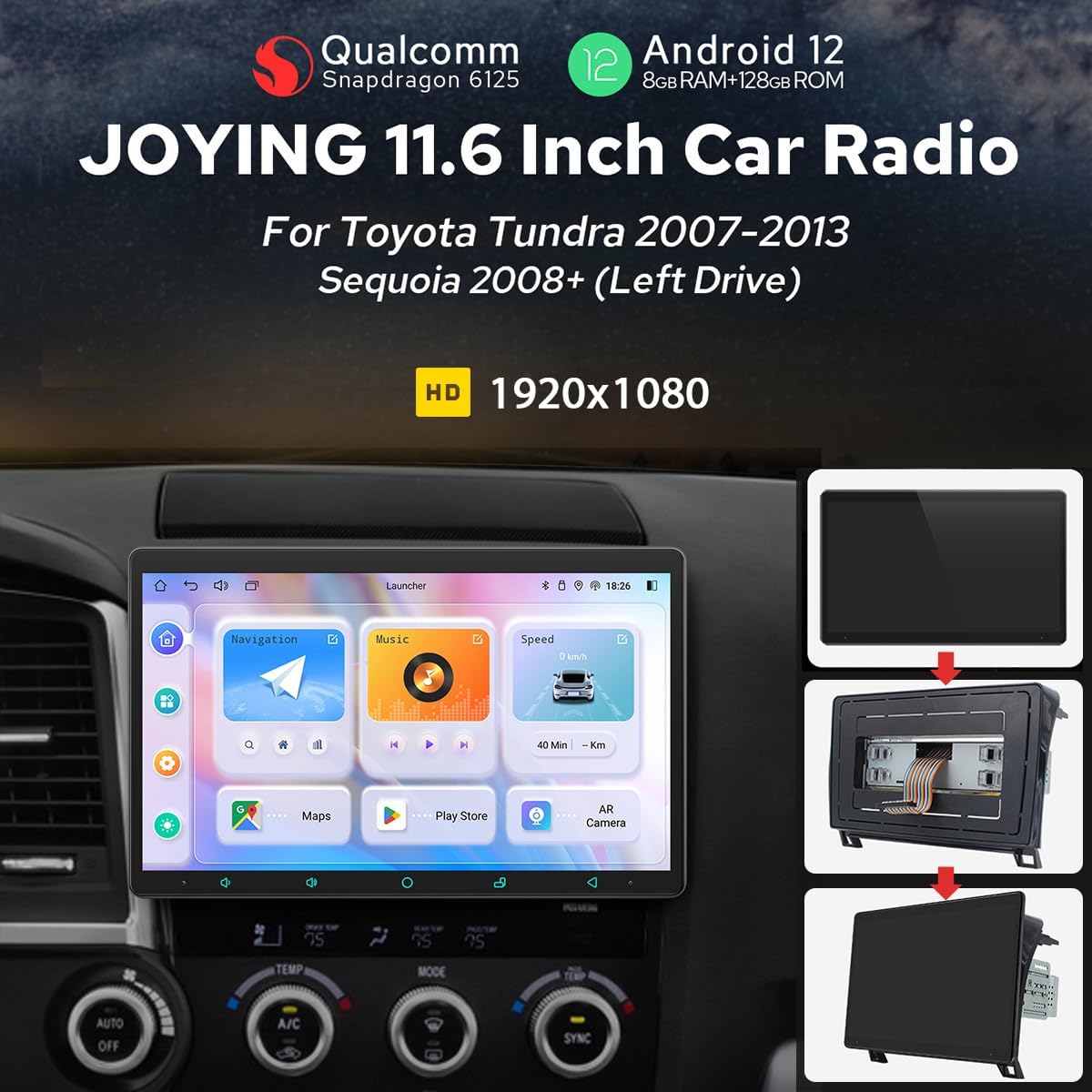JOYING Radio estéreo para automóvil de 11.6 pulgadas para Toyota Tundra 2007-2013 y Sequoia 2008-2018 con Carplay inalámbrico Android Auto 1920×1080