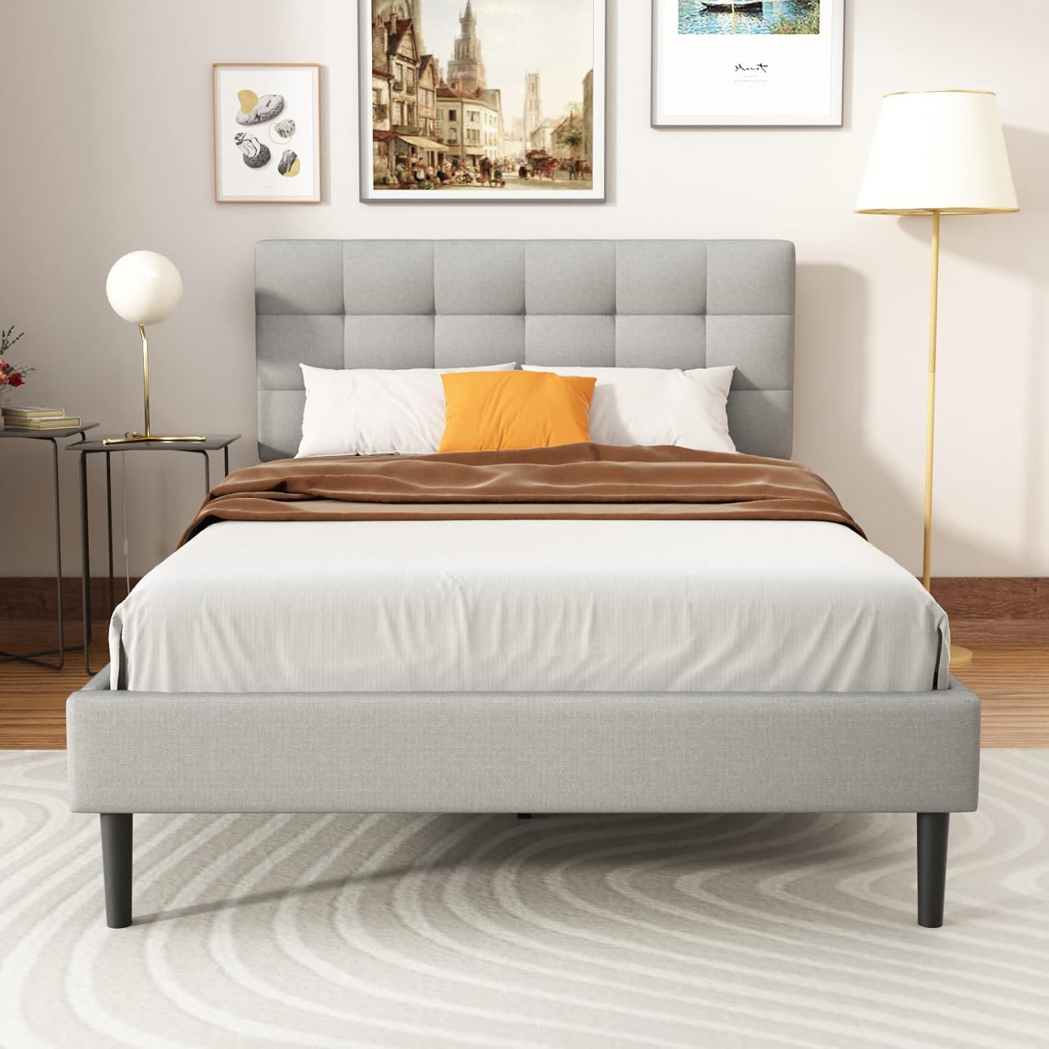 UNIZONE Base de cama tapizada de tamaño matrimonial con cabecera capitoné, cama de plataforma con cabecera de tela de lino, soporte de listones de