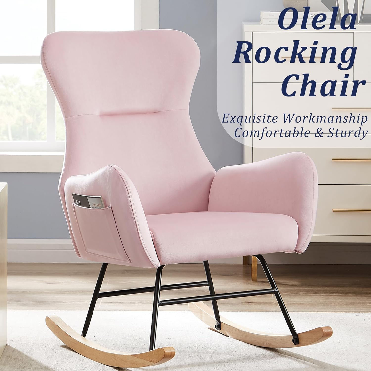 Olela Mecedora para guardería, mecedora tapizada de peluche, asiento acolchado con respaldo alto y bolsillo lateral para sala de estar, dormitorio,