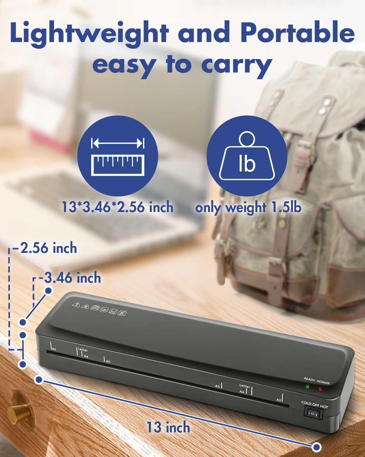 Laminadora A3 Máquina laminadora de 70 segundos de calentamiento rápido, laminador frío y térmico de 13 pulgadas con 20 hojas de laminación, máquina