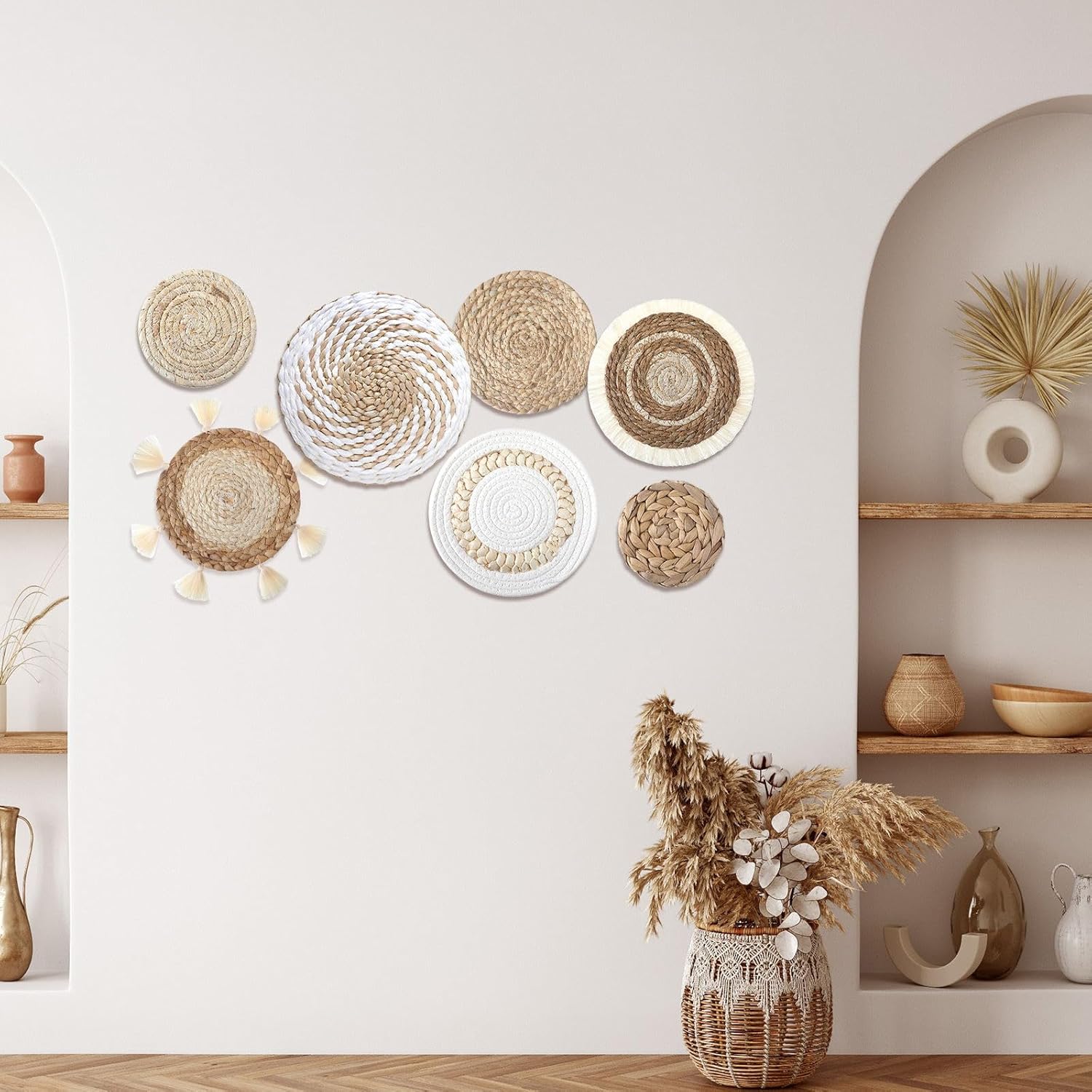 Beeveer 7 cestas de pared bohemias para colgar en la pared, de mimbre rústico, para casa de campo, salas de estar, dormitorios, decoración de cocina