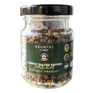 Kruntei Pimienta kampot (piper nigrum) de nuestra propia granja en Camboya en una bolsacaja al vacío (Verde soltado) Kruntei Pimienta kampot (piper nigrum) de nuestra propia granja en Camboya en una bolsacaja al vacío (Verde soltado)