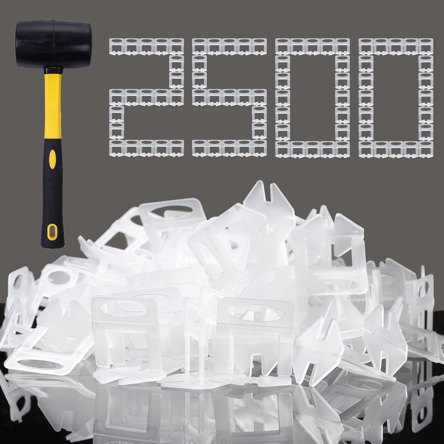 Clips para sistema de nivelación de azulejos de 132 pulgadas, 2500 piezas de clips espaciadores de azulejos y martillo de mazo de goma de 16 onzas.