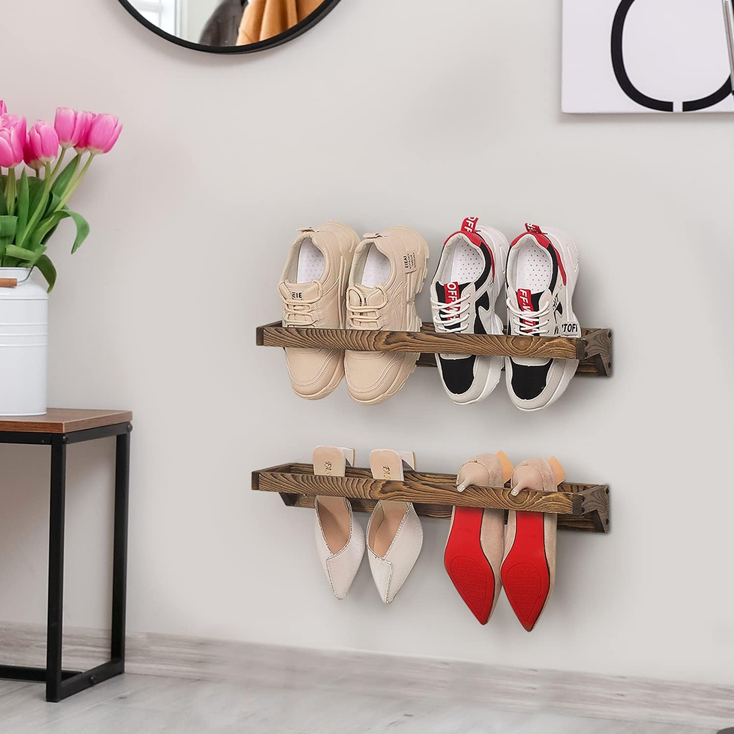 MyGift Juego de 2 zapateros de madera maciza montados en la pared con acabado rústico de madera quemada, soporte colgante para calzado para armario,