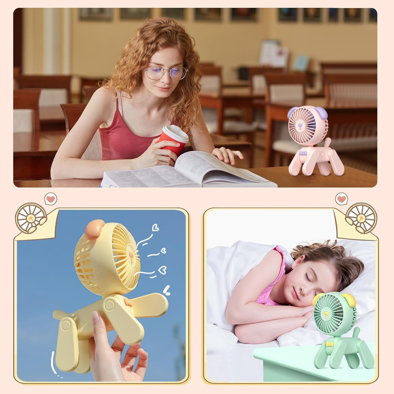 QearFun Ventilador de escritorio pequeño de 7 pulgadas, batería recargable USB, lindo ventilador plegable para cachorros, ventilador personal con 3