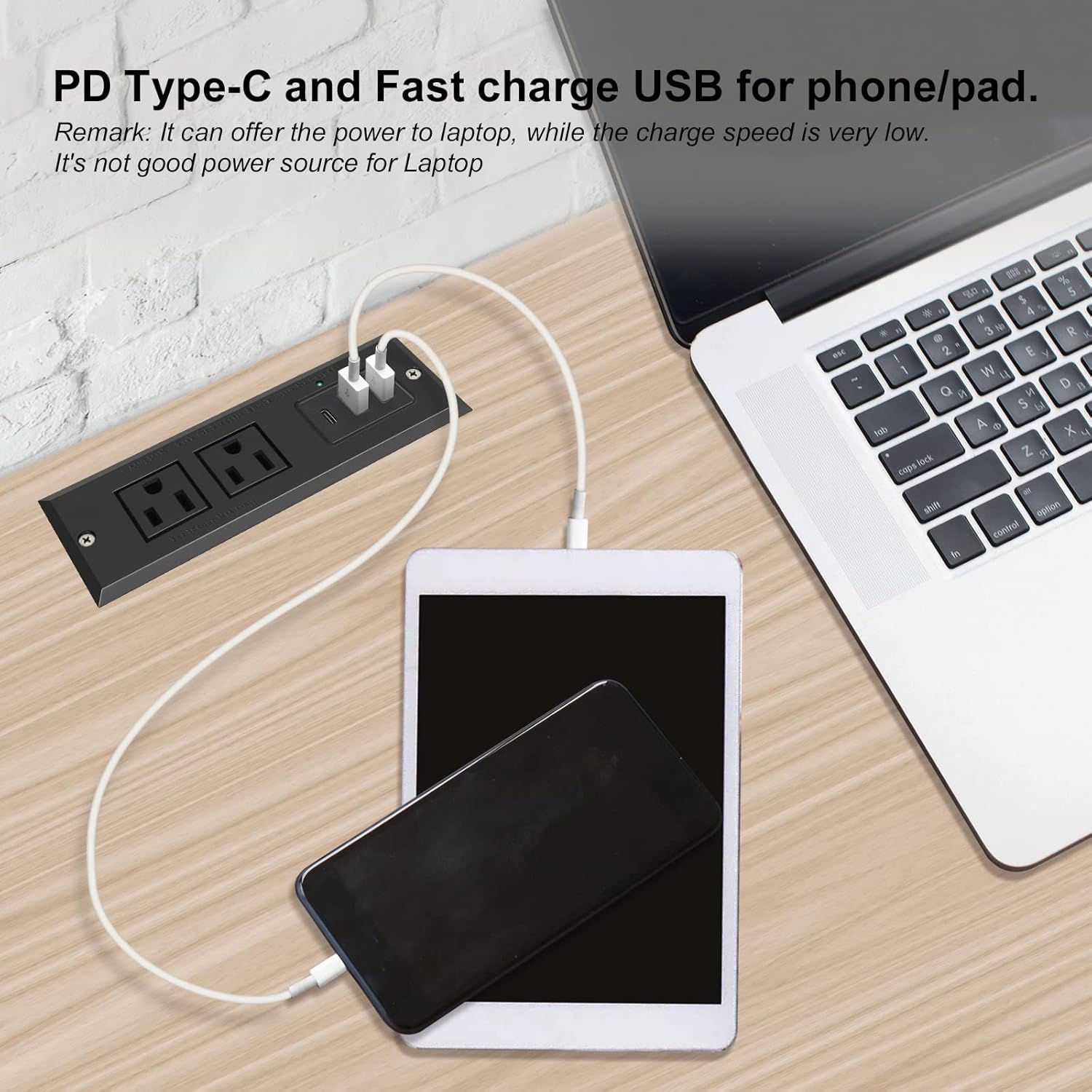 Regleta de alimentación empotrable de 20 W USB C de carga rápida para escritorio, toma de corriente tipo C, enchufe de alimentación de extensión