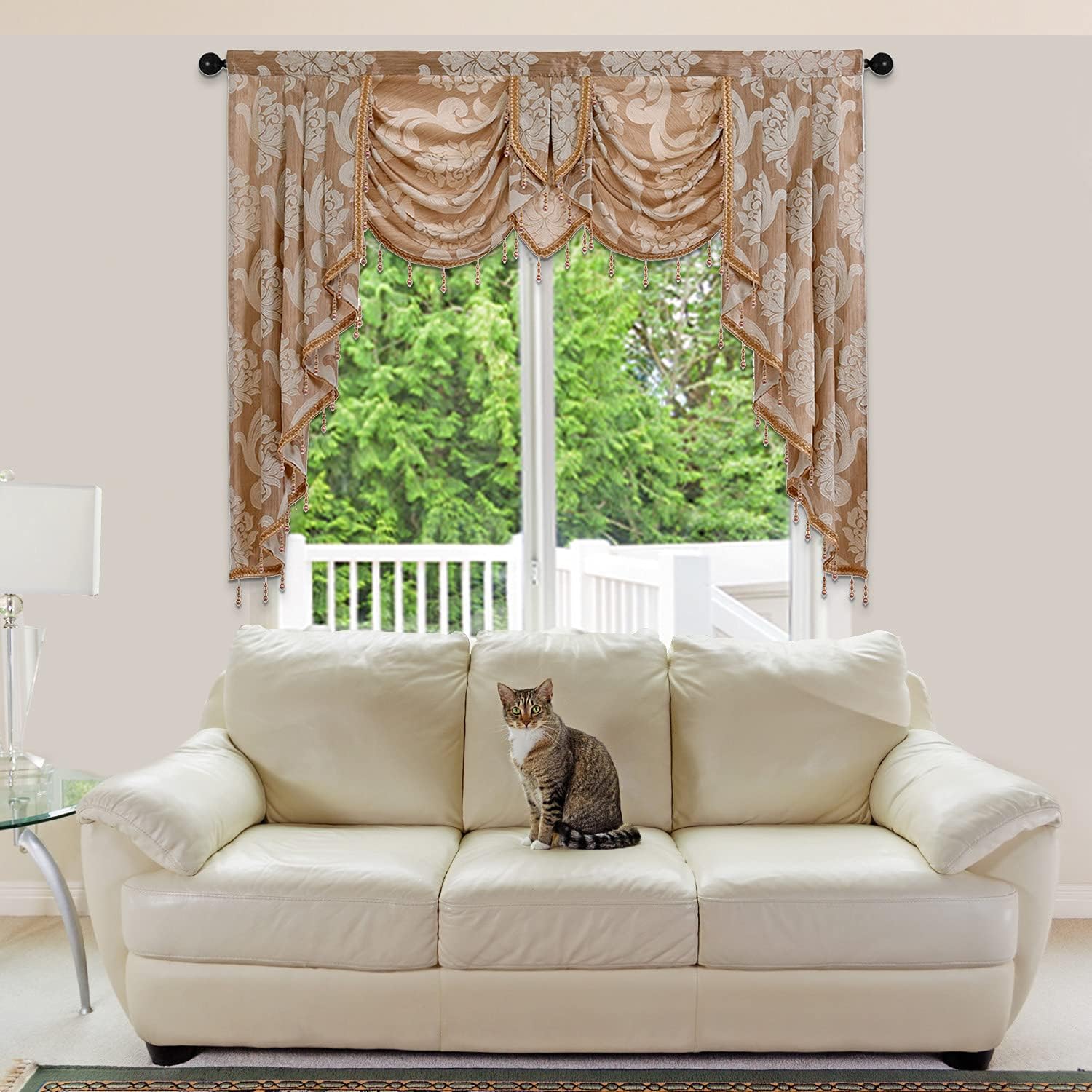 NAPEARL Cenefa de cascada para ventanas, cenefa de damasco para sala de estar con cuentas, cenefa de cortina jacquard para ventanas (1 cenefa beige,