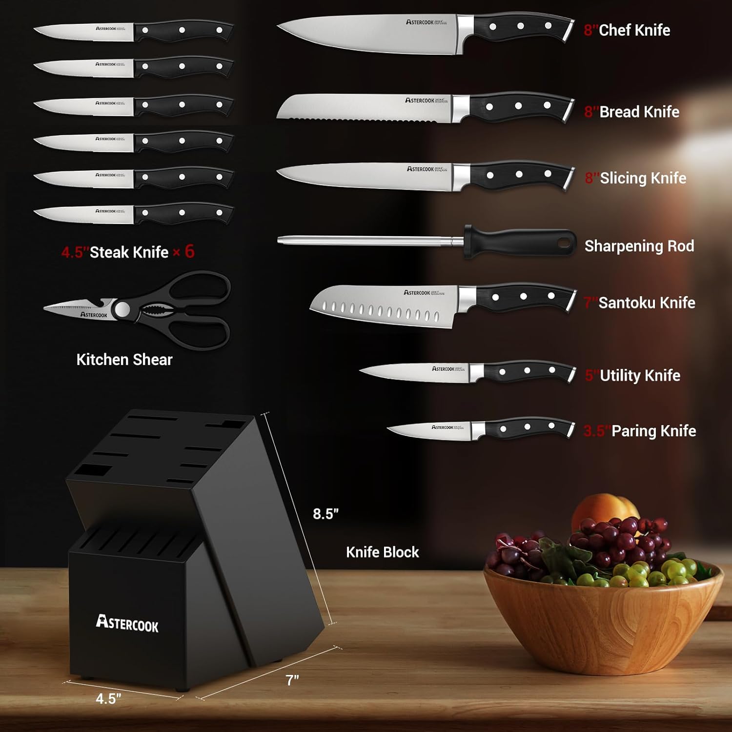 Astercook – Juego de cuchillos de cocina de 15 piezas de triple remache, juego de cuchillos de acero inoxidable de alto carbono para cocina con