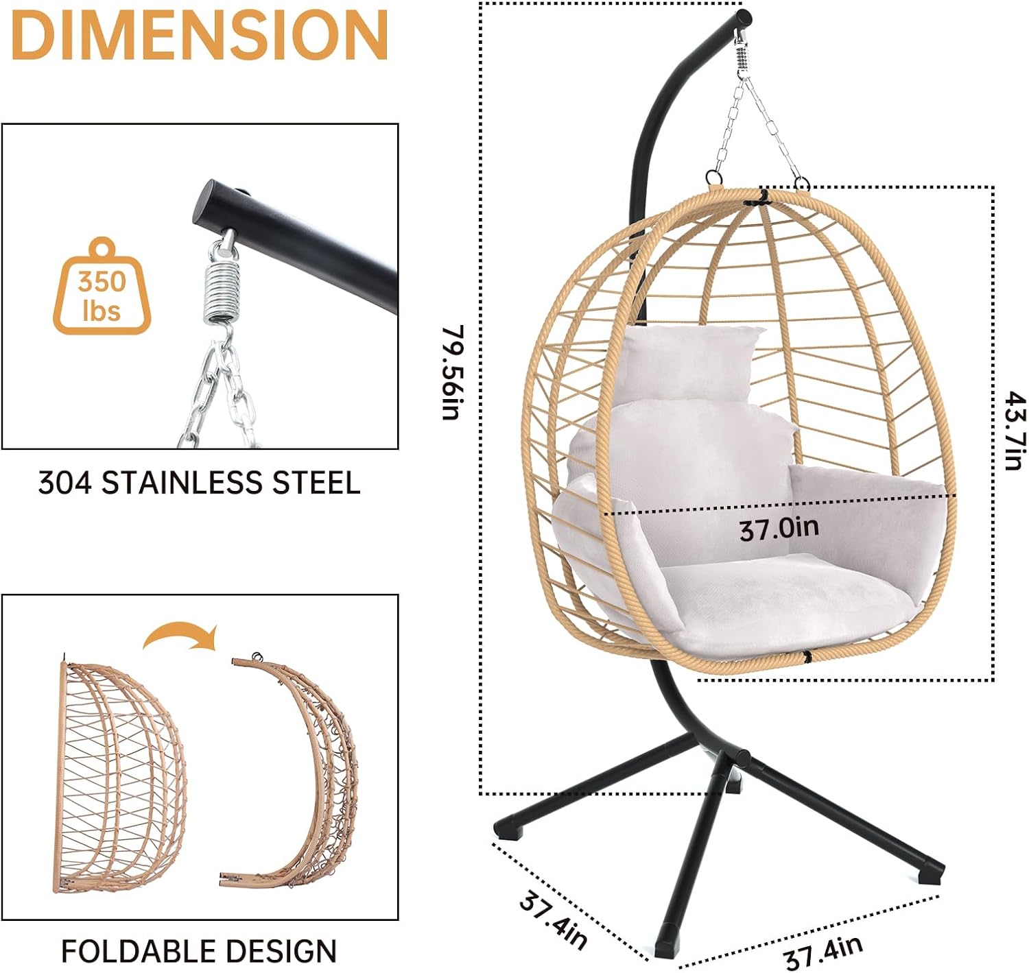 Silla colgante de huevo con soporte, hamaca de patio, silla oscilante, cesta de mimbre de ratán, altura ajustable, resistente a los rayos UV, uso en