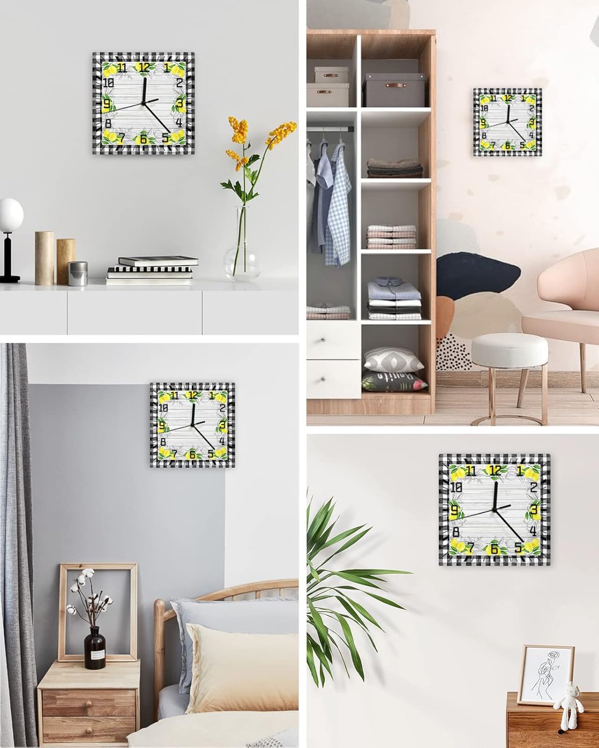 Wall Clock Yellow Lemon Battery Operated Clocks Wooden Silent Non-Ticking Wallclock 12 Inch Summer Fruit Lemon Farmhouse Plaid Square Wall Clock for