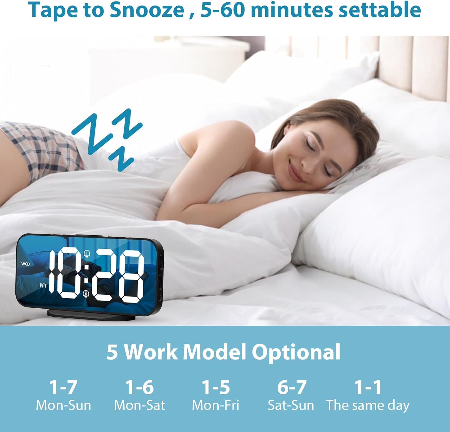 ALANAS Reloj despertador digital con doble alarma, espejo LED reloj despertador para dormitorio para niños, brillo ajustable, repetición, 2 puertos