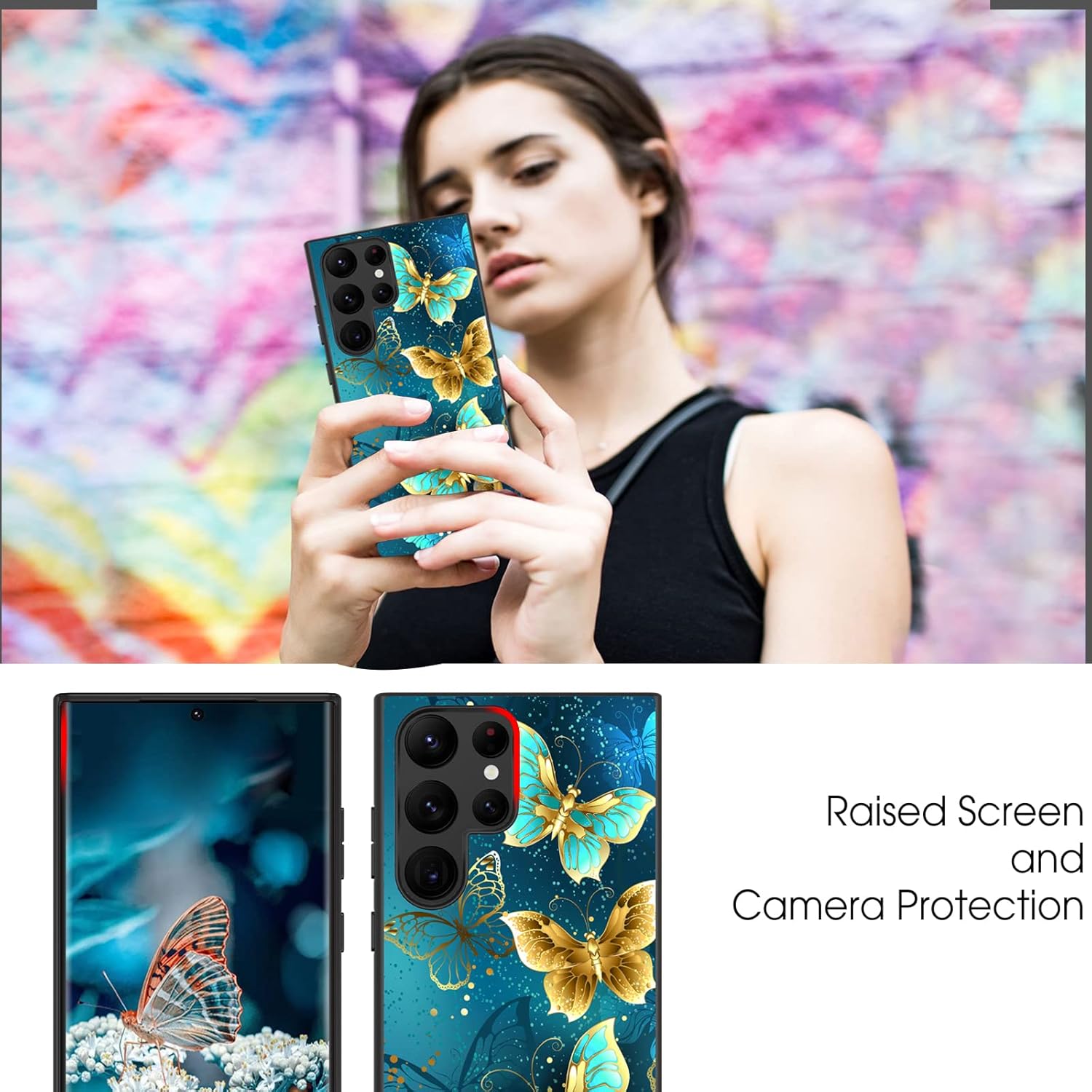 GUAGUA Funda protectora para Samsung Galaxy S23 Ultra que brilla en la oscuridad, Samsung S23 Ultra, bonita mariposa azul noctilucente, a prueba de