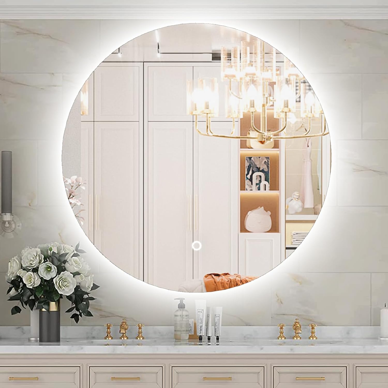 Espejo LED para baño de 24 pulgadas, retroiluminado con luces, táctil regulable inteligente, 3 modos de color, a prueba de roturas, redondo