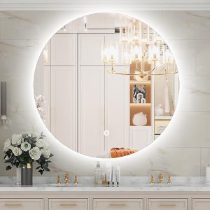 Espejo LED para baño de 24 pulgadas, retroiluminado con luces, táctil regulable inteligente, 3 modos de color, a prueba de roturas, redondo Espejo LED para baño de 24 pulgadas, retroiluminado con luces, táctil regulable inteligente, 3 modos de color, a prueba de roturas, redondo