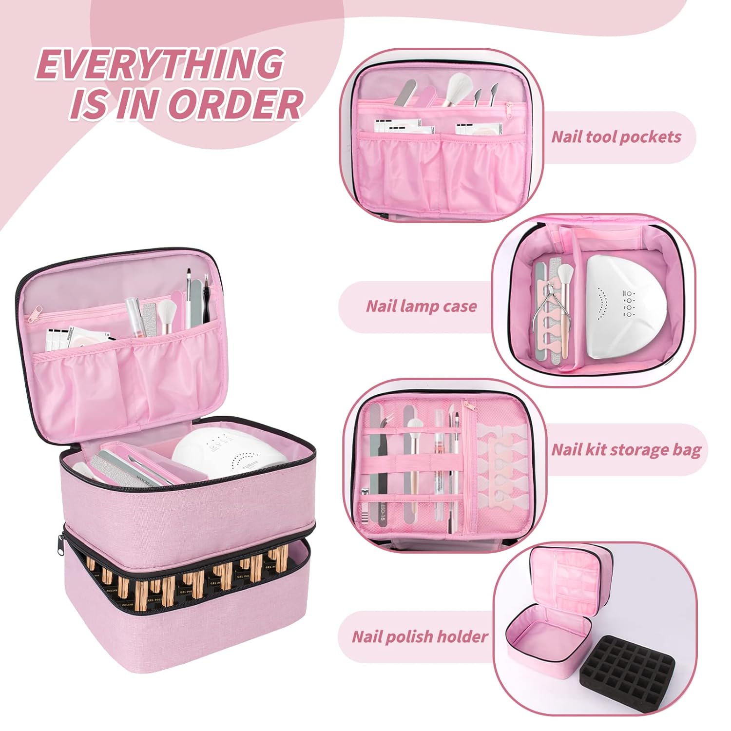 Organizador de esmalte de uñas y funda para lámpara de uñas, bolsa de almacenamiento de esmalte de uñas de 2 capas con capacidad para 30 botellas