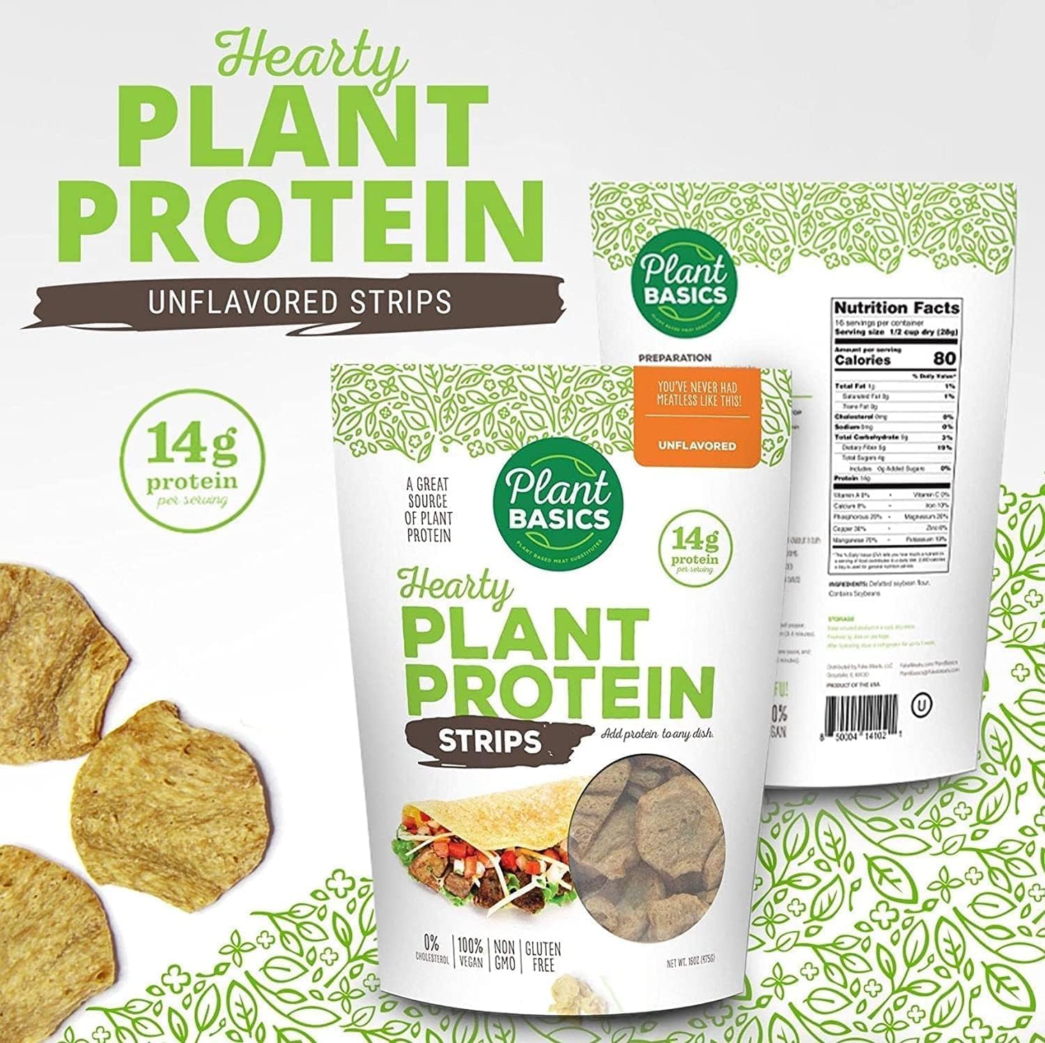 Plant Basics – Proteína vegetal abundante, tiras sin sabor, 1 libra (paquete de 2), sin OMG, sin gluten, baja en grasa, baja en sodio, vegano,
