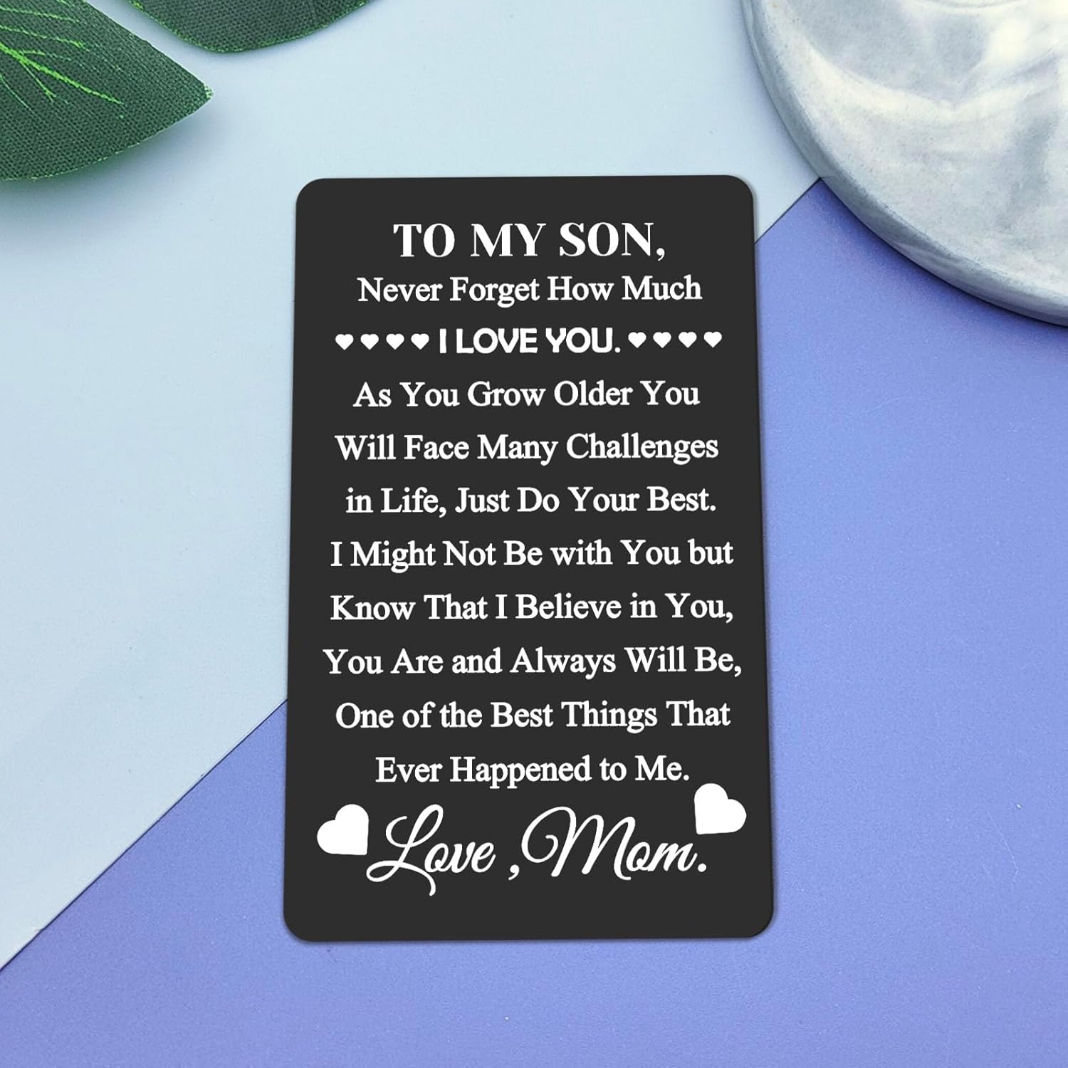 Regalos inspiradores de mamá papá con texto en inglés “To My Son” (“To My Son”), tarjeta grabada con cita inspiradora, tarjeta de metal con texto en