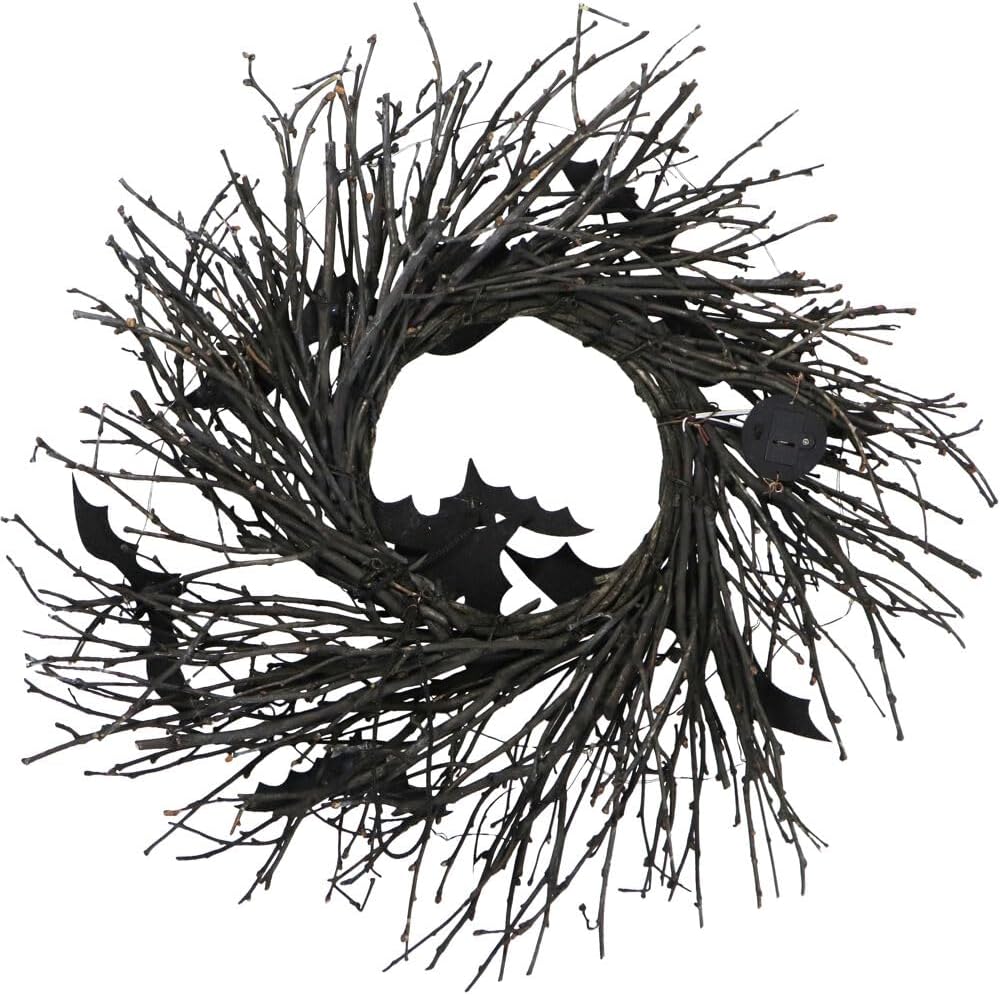 Haunted Hill Farm Corona de ramita negra de 15 pulgadas con luces LED y murciélagos voladores para decoración rústica moderna de puerta o pared de