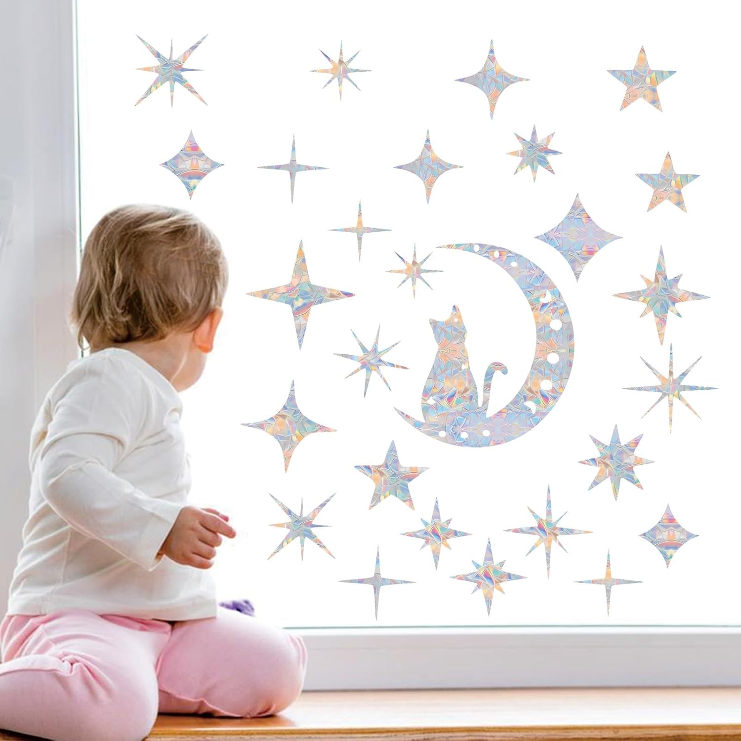 Shawula Cat Moon y 54 piezas de calcomanías de ventana de estrella  Calcomanías anticolisión para ventana para salvar a los pájaros de colisiones de