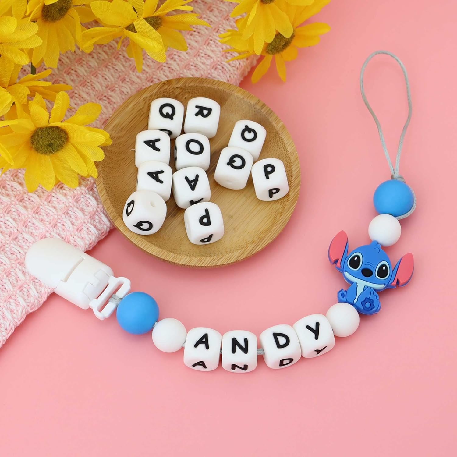 Munchewy Clip para chupete con nombre personalizado, clip para chupete con nombre para bebés niños y niñas (azul)