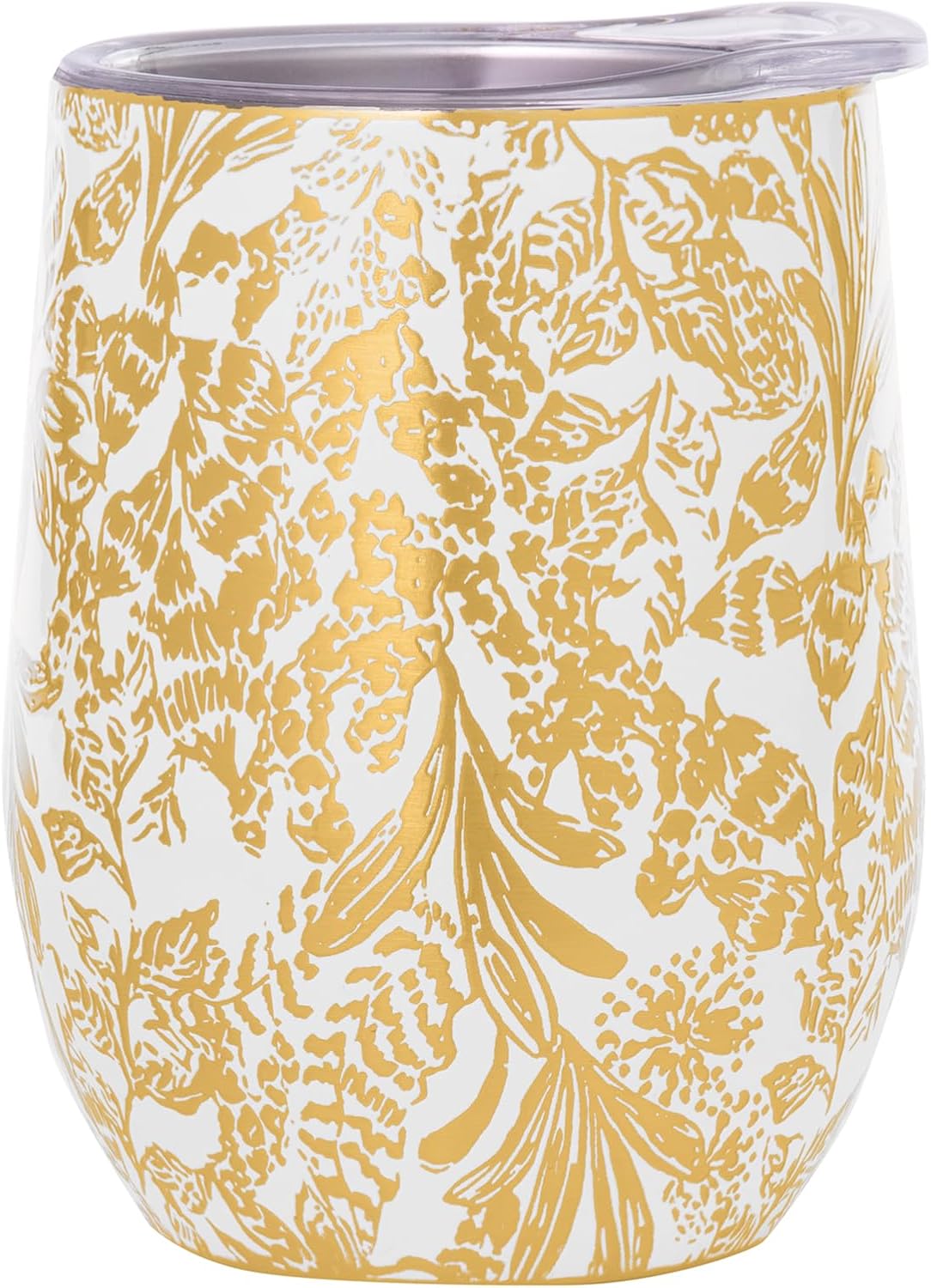 Lilly Pulitzer Vaso aislado de 12 onzas con tapa, copa de vino de viaje de acero inoxidable, taza de metal de doble pared, Calypso Coast (dorado)