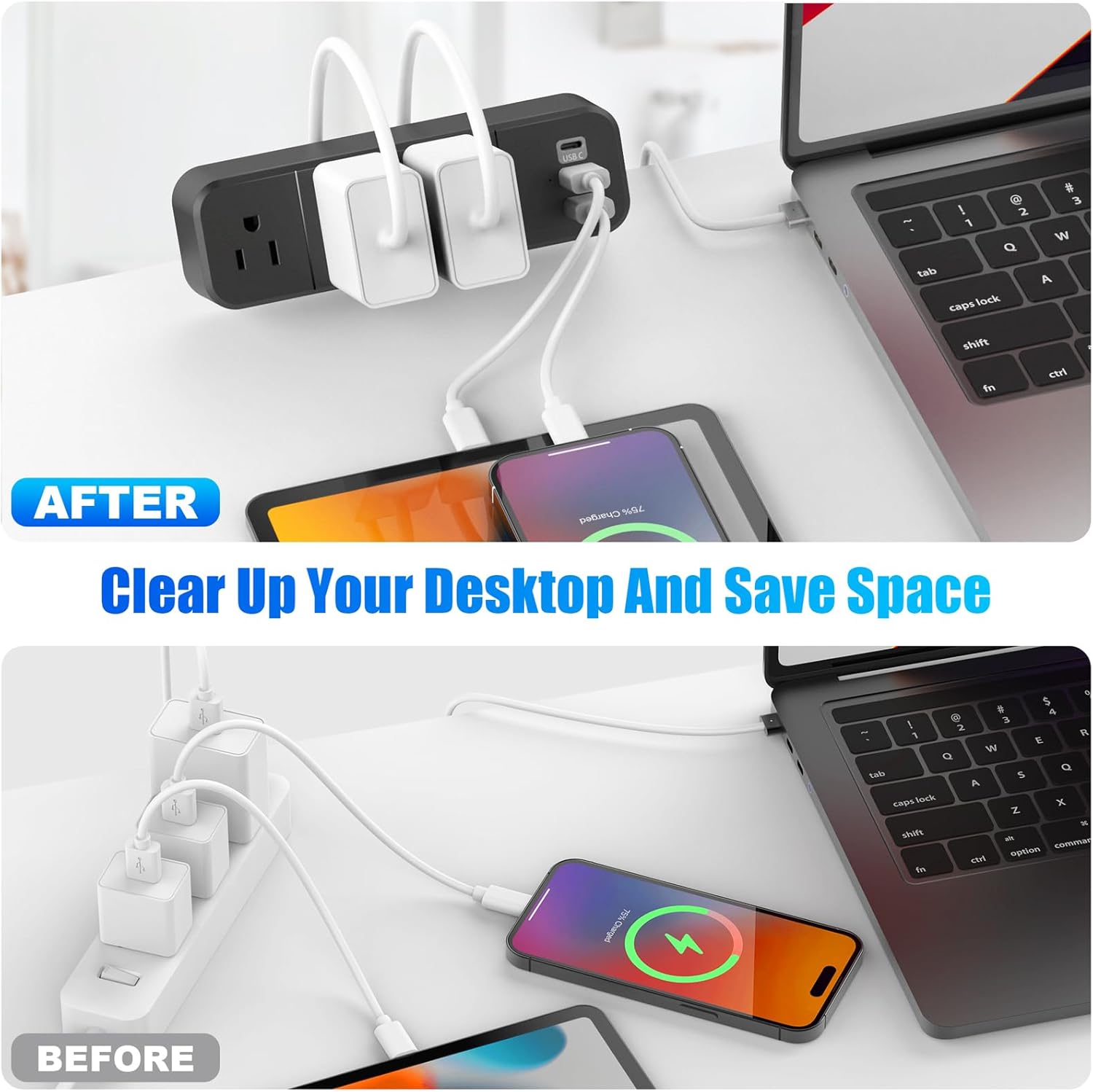 Regleta de alimentación con abrazadera de escritorio con 2 puertos USB-A y 1 USB-C, 3 salidas de CA, cable de 6 pies, se adapta a borde de mesa de